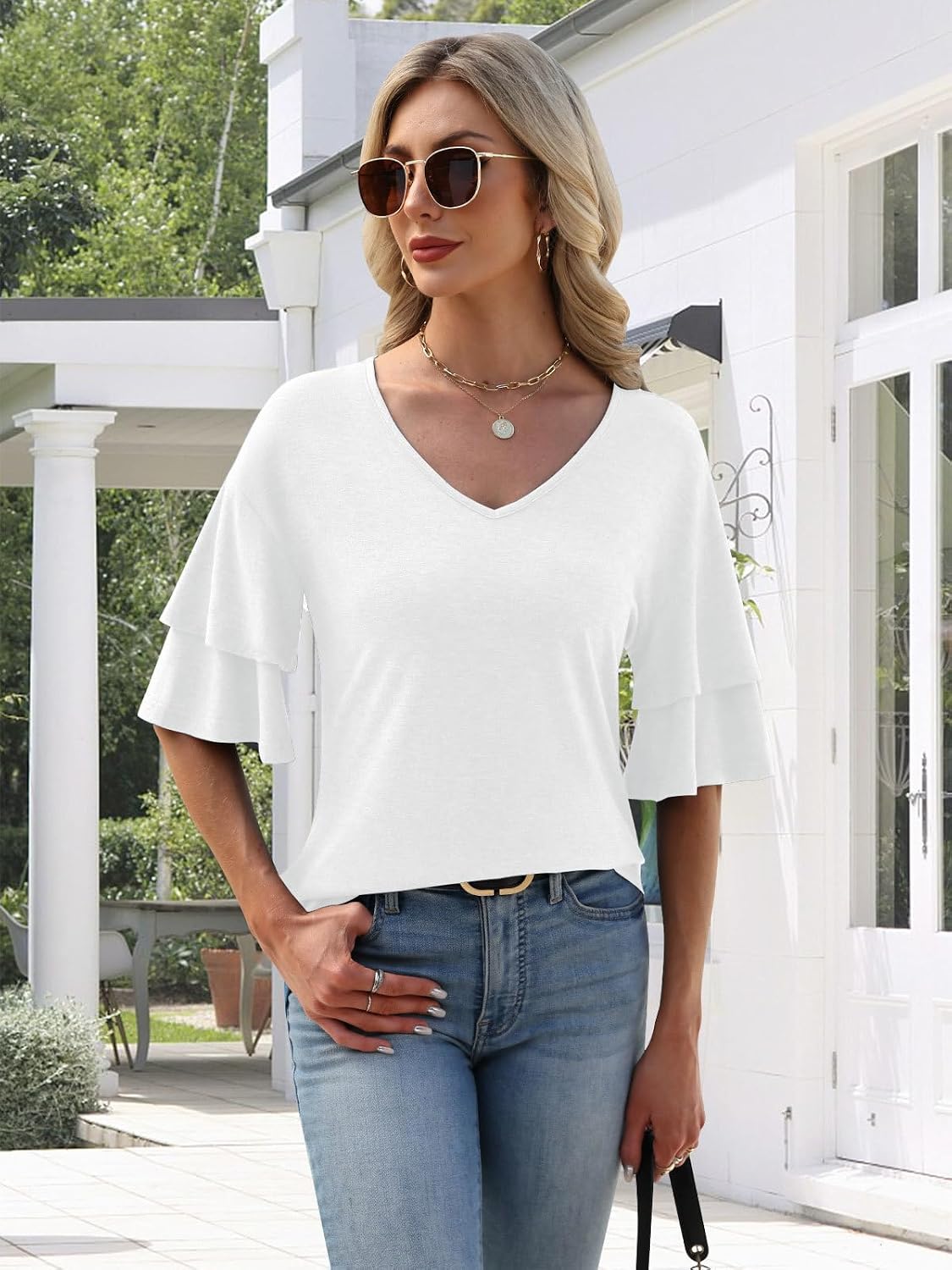 MixShe Womens V Neck Tops Short Sleeve Ruffle Sleeve Casual Summer Lightweight Blouses image 3