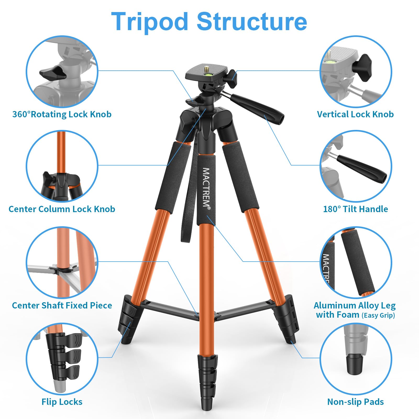 Treppiede Smarthphone, Nuovo 165cm/65in Treppiedi Fotocamera Cavalletto Smartphone per iPhone/Samsung/Huawei/iPad/Reflex, Cavalletto Telefono con Supporto Telefono e Telecomando Bluetooth,Arancio