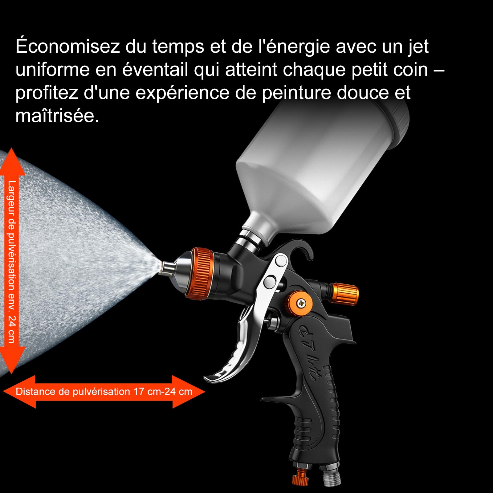 Pistolet à peinture professionnel HVLP avec buses de 1,4/1,7/2,0/2,5 mm, capacité de 600 ml et manomètre, idéal pour peintures de voiture, apprêts, vernis transparents, vernis de finition (orange/noir