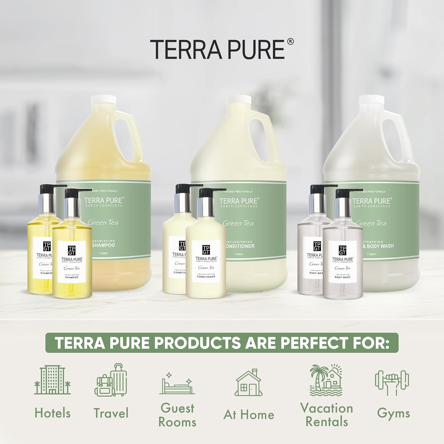Terra Pure Gallon & Dispenser Set | 1-Shoppe All-In-Kit | Shampoo Conditioner Body Wash Gallon | Refillable 10.14 oz. Matching Pump Bottles - Image 2