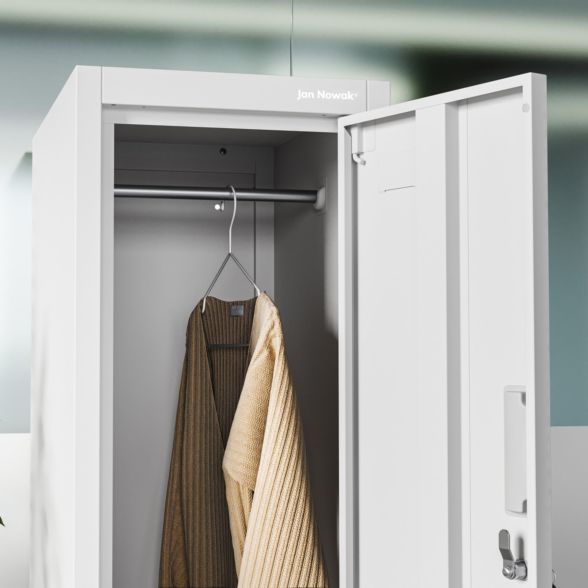 Jan Nowak Spind Schließfachschrank Metall, 2 Fächer, 32 x 185 x 45 cm | Sozialschrank mit Kleiderstange, Lüftung, Etikettenhaltern, 4 Schlüsseln, Stahl 0,6 mm, Wandmontage, robust für Umkleideraum
