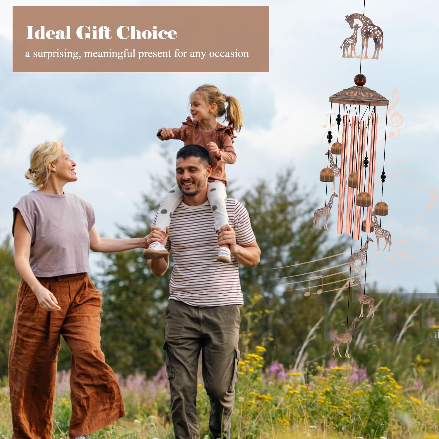 35" Giraffe Wind Chimes for Outside, Rustic Copper Mother & Baby Giraffe Silhouette Decor with 6 Pendants - Elegant Safari Memorial Windchime - Heartwarming Gift for Mom & Animal Lovers