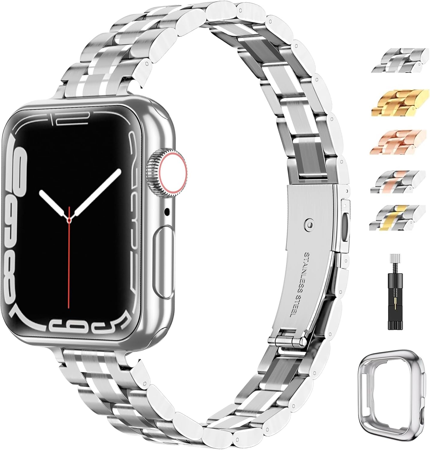 chuangshiji Compatible with Silver Apple Watch Band 38mm 40mm 41mm, Stainless Steel for Women iWatch Band Series 9/8/7/6/5/4/3/2/1/SE