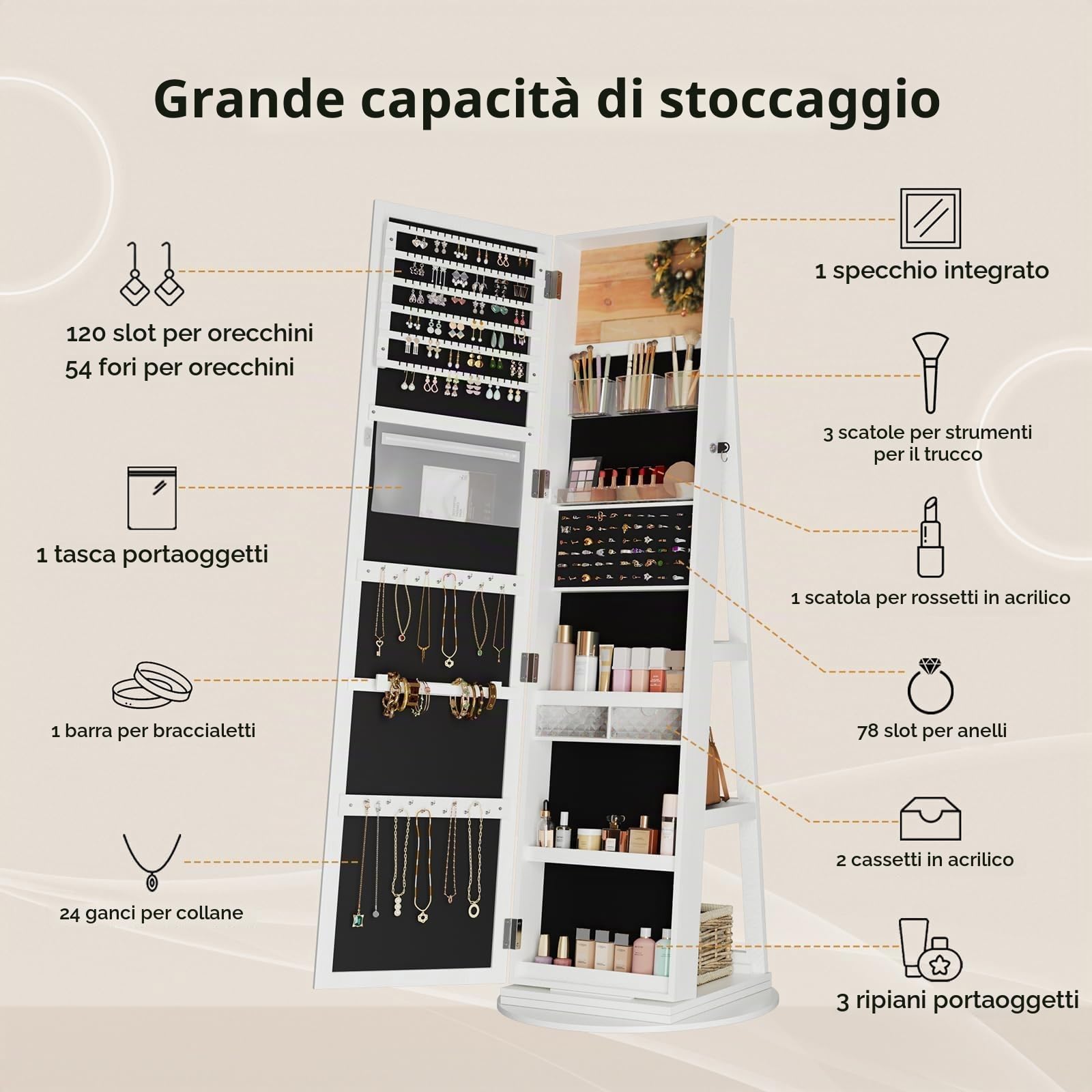 Dripex Armadietto per gioielli con specchio, specchio in piedi, con specchio e specchio interno, organizer per gioielli con ripiani 3 in 1, girevole a 360°, richiudibile, bianco