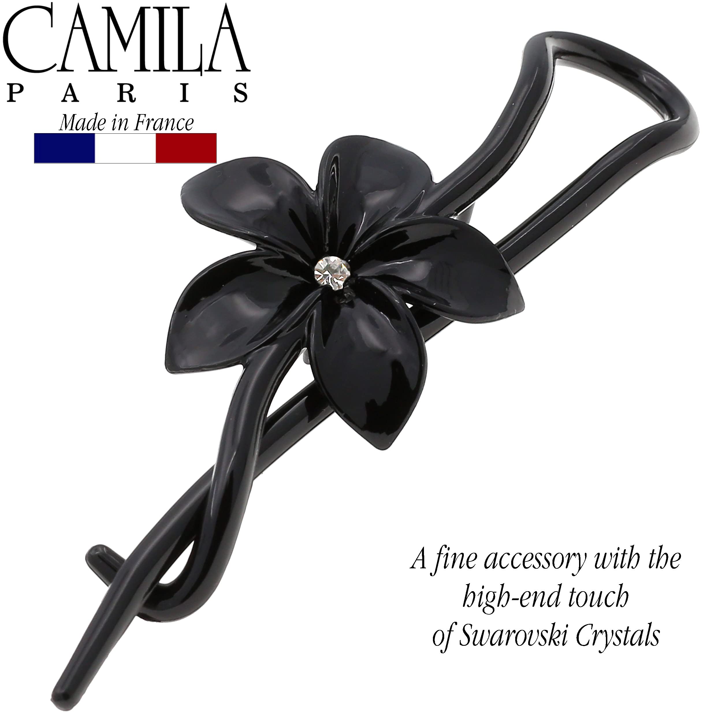 Camila Paris CP1593 Französische Haarspange für Mädchen, Blume, schwarz, keine Metallteile, starker Halt, Haarspangen für Frauen, rutschfest, Haarschmuck für Mädchen, hergestellt in Frankreich