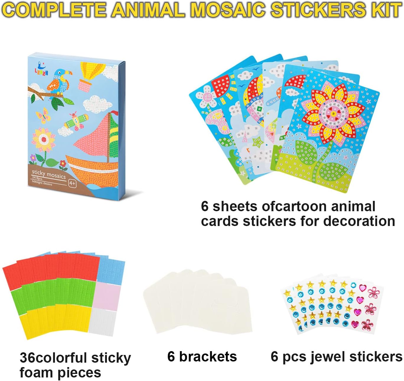 Mosaic Sticker Art Sticky DIY Handmade Art Kits for Kids - Sunflower, Butterfly, Sailboat, Woodpecker, hot air Balloon, Airplane (6 Pack) : Toys & Games