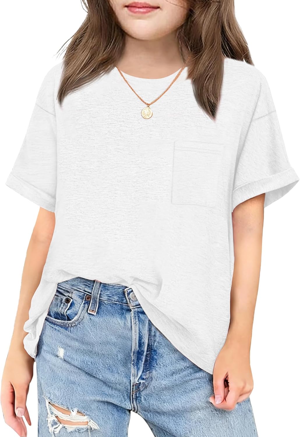 Arshiner Girls Oversized T Shirts with Pocket Short Sleeve Basic Crewneck Summer Casual Loose Tops Clothes 5-14 Years