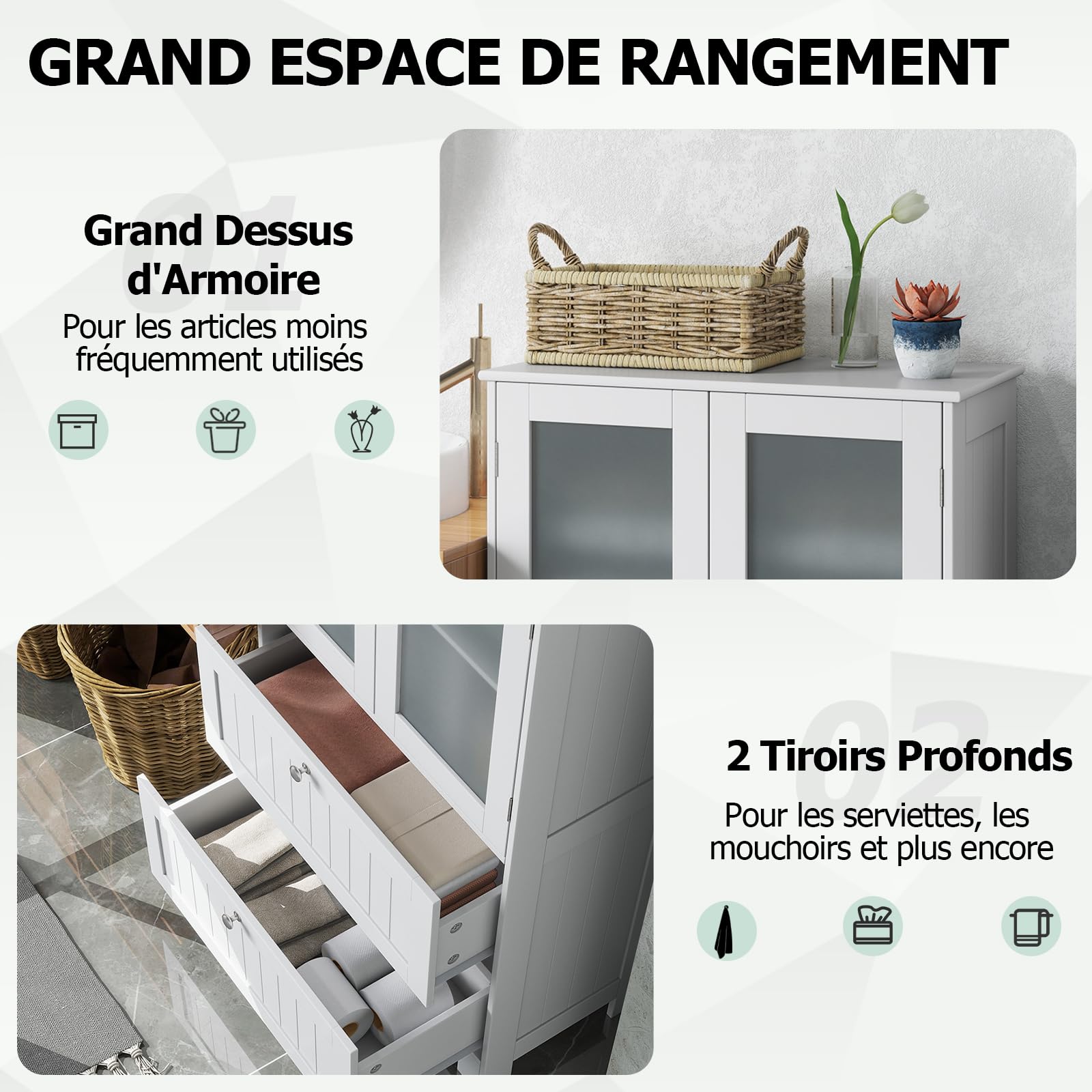 GOPLUS Meuble Salle de Bain, 60 x 30 x 108 CM, Colonne Salle de Bain avec 2 Portes en Verre Trempé, Plateau Grand, 2 Tiroir Coulissant, Étagère Réglable sur 3 Niveaux, Idéal pour Salon, Cuisine, Blanc