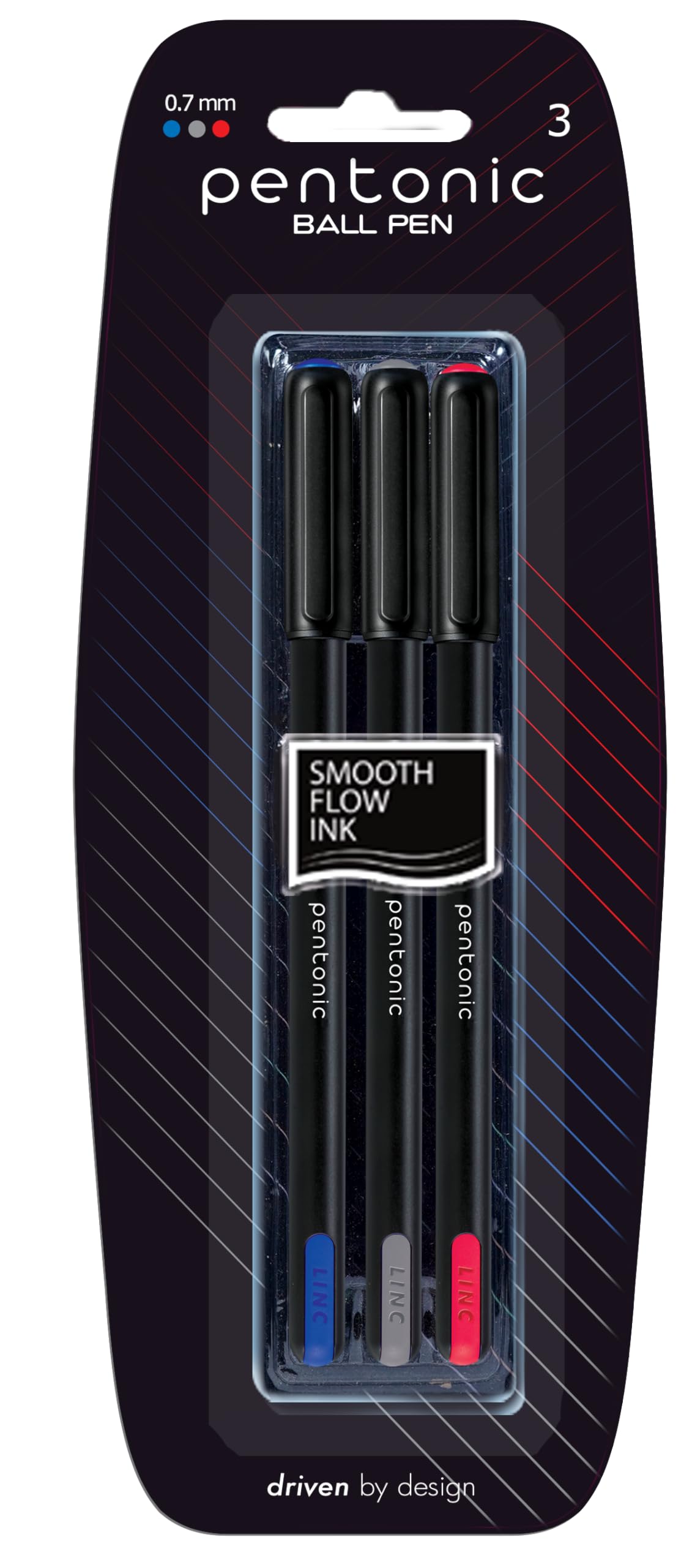 PentonicBall Point Pen Blister Pack | Tip Size 0.7 mm | Click Off Mechanism, Black Matt Finish Body | Comfortable Grip For Effortless Writing Experience | Assorted Ink, Pack of 3