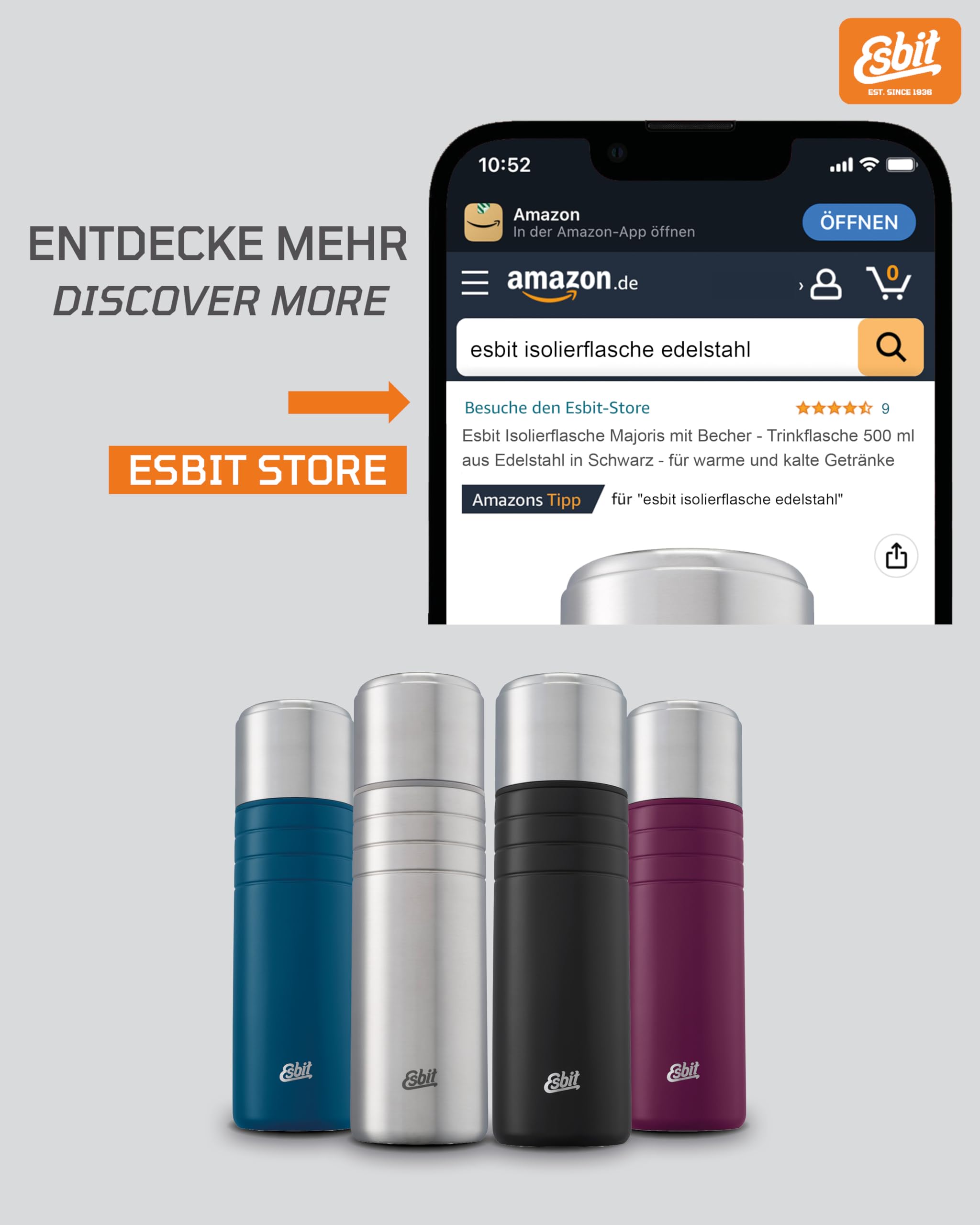 Esbit Isolierflasche Majoris mit Becher - Trinkflasche 1000 ml aus Edelstahl in Polar Blue - für warme und kalte Getränke