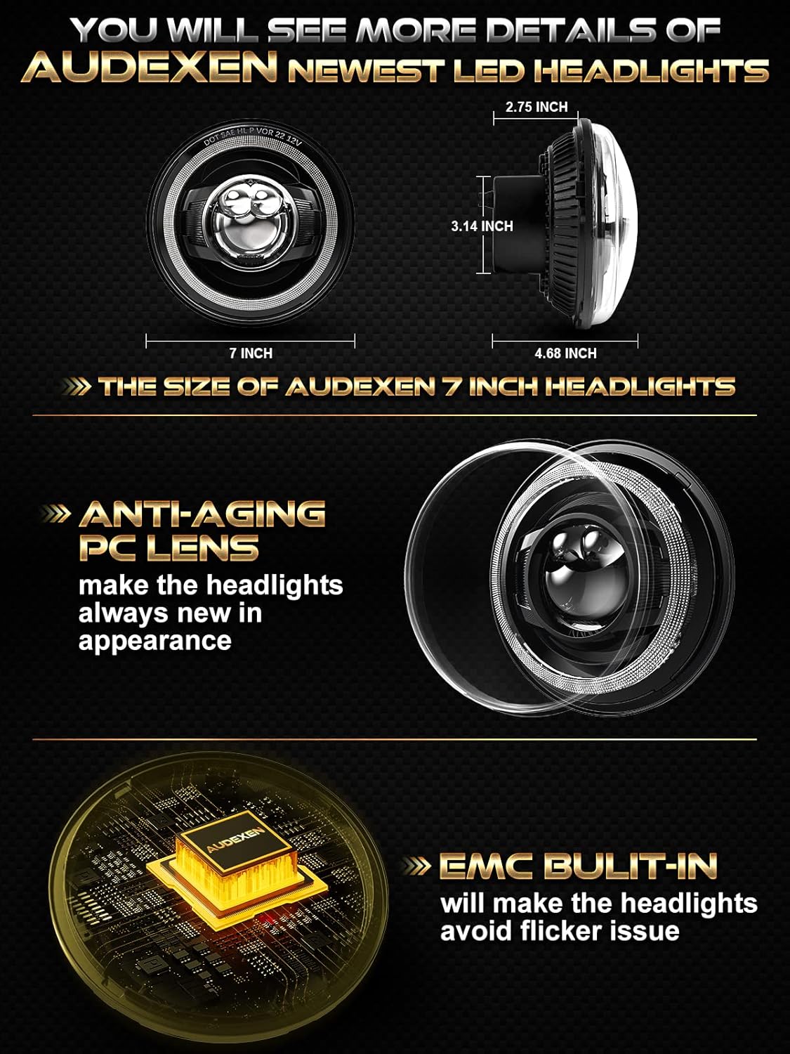 AUDEXEN 160W 7 Inch Led Headlights, 7" Round Headlights Compatible with Jeep Wrangler JK JKU LJ CJ TJ 1997-2018 Headlamps - JK Headlights Feature of DRL/Turn Signals/Low/High Beam - DOT Approved