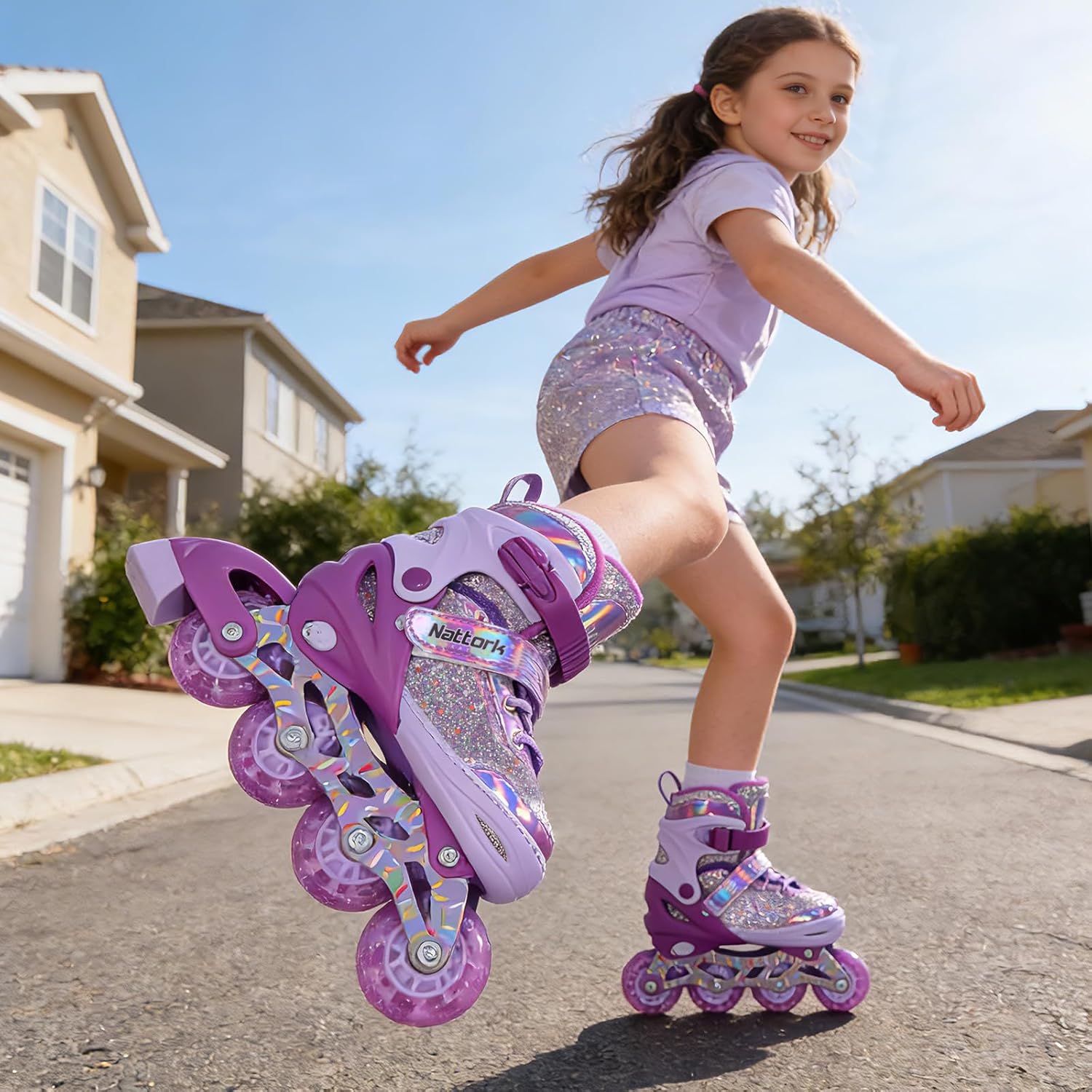 Nattork Inline Skates for Kids Girls, Adjustable Quad Skates with Light Up Wheels for Ages 3-12, Best Birthday Gift for Outdoor Sports