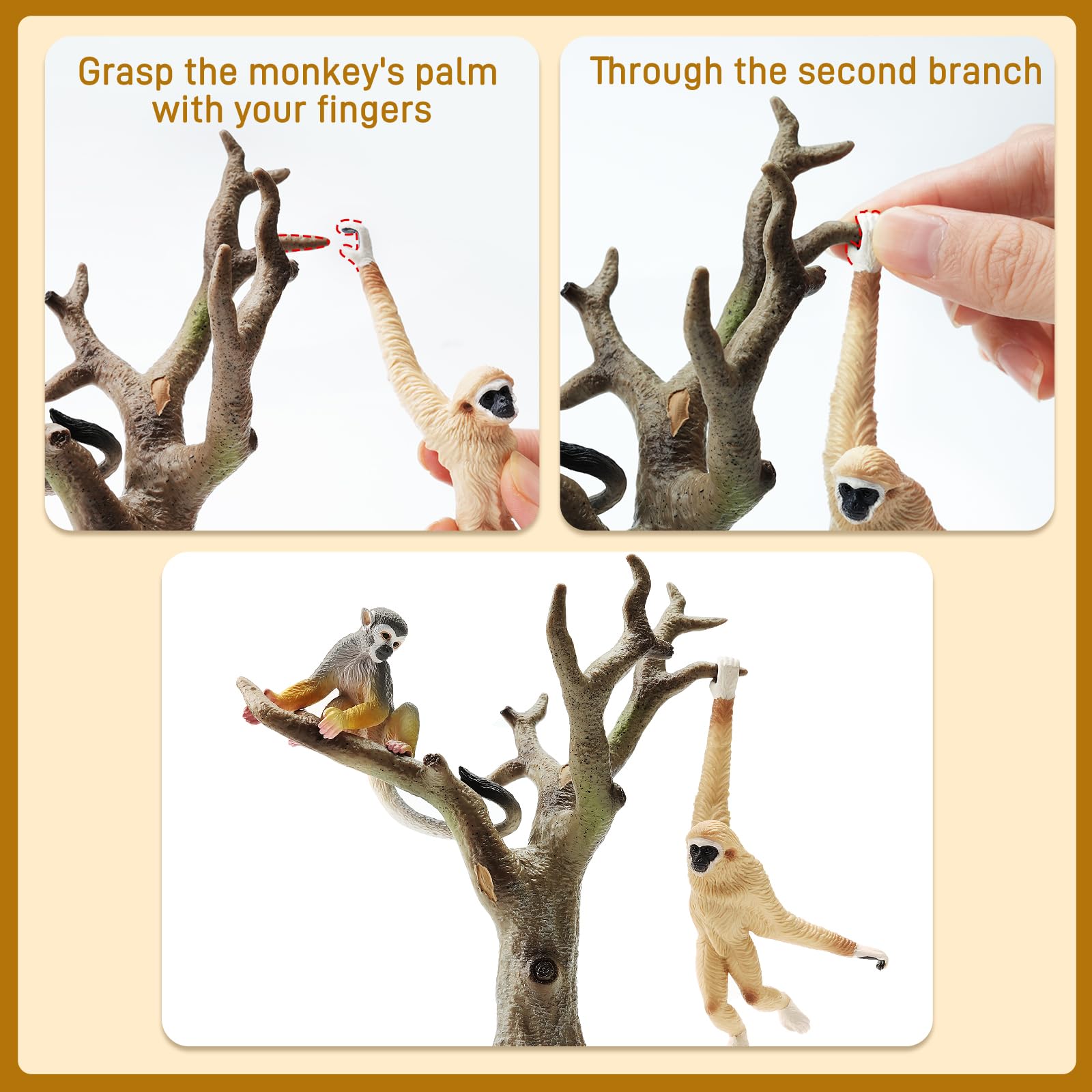 TOYMANY 15 sztuk małp - figurki zwierząt i drzewa, realistyczne figurki orangutanów, zwierząt z dżungli, w tym goryla, szympansów, zabawek edukacyjnych, prezent urodzinowy dla dzieci