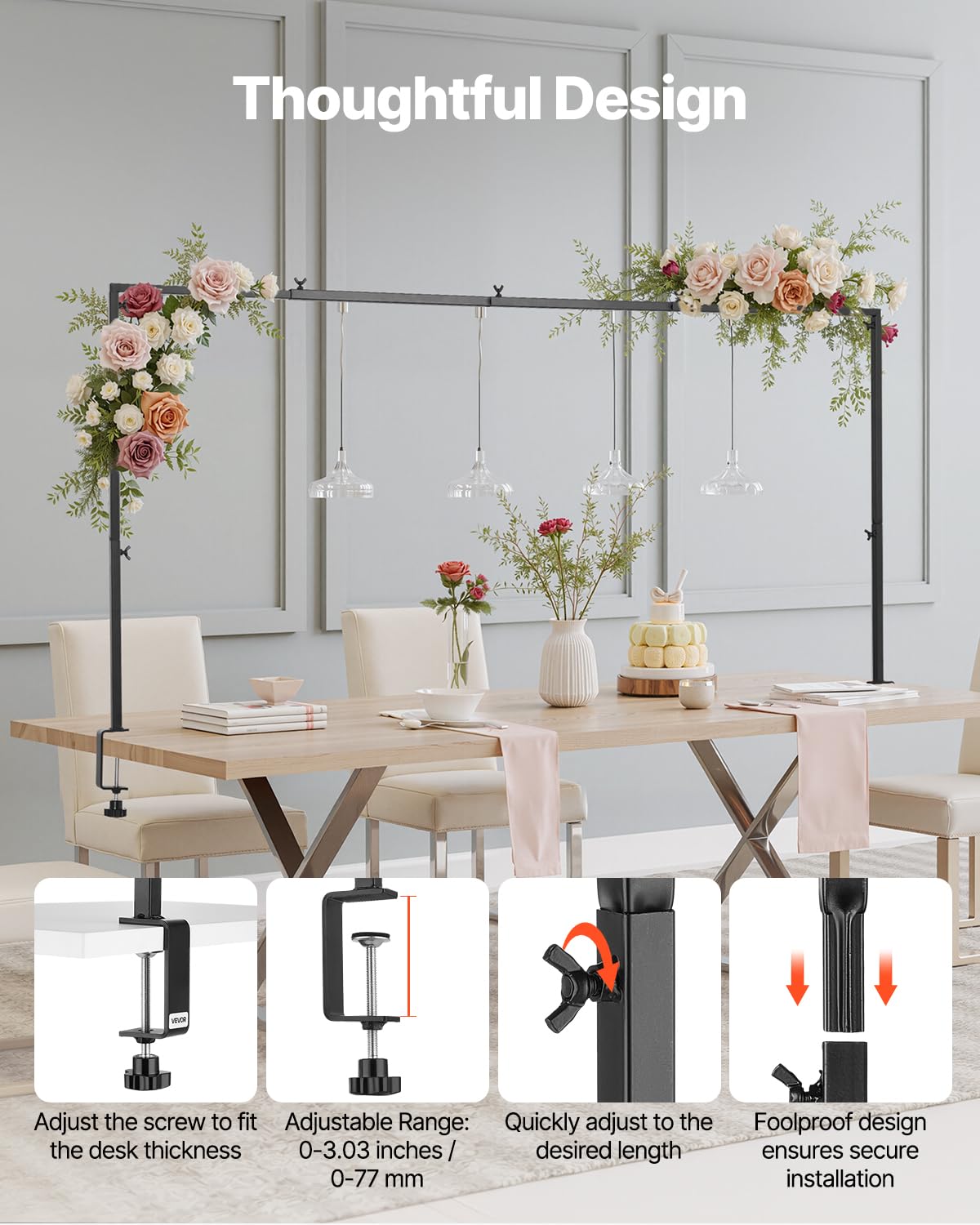 VEVOR Support Tige de Table avec Pinces, Support Arche de Table, 2 PCS, Hauteur Réglable 330-1066,8 mm Longueur Réglable 711,2-2489,2 mm, Cadre Arche Métal, pour Déco Mariage, Anniversaire, Noël, Noir
