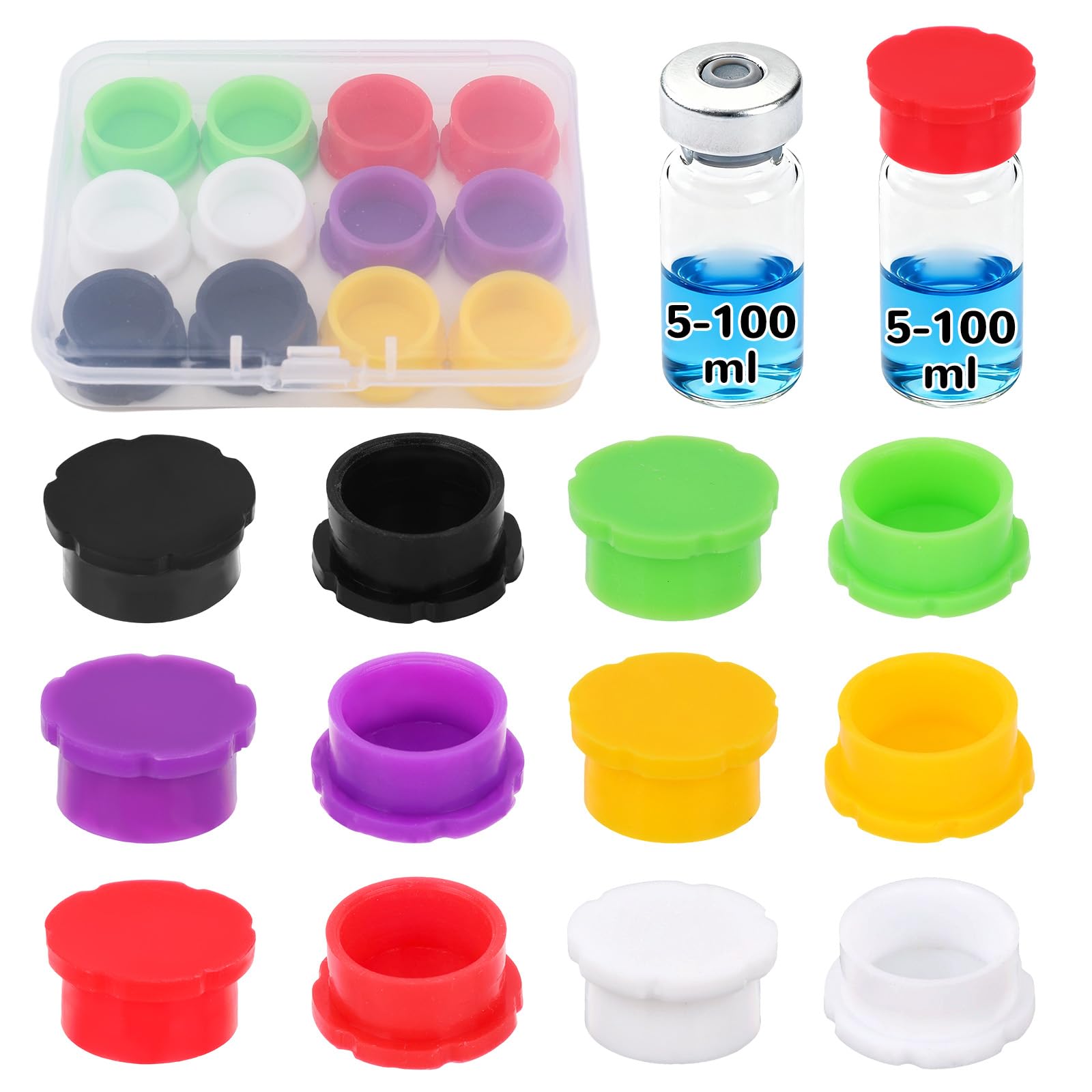 12pz 5-100ml Cappucci Vial Vetro, 6 Colori Antiperdita Antipolvere Rimovibile Cappuccio in Silicone per Vial Iniezione Conservazione Liquidi & Uso Laboratorio