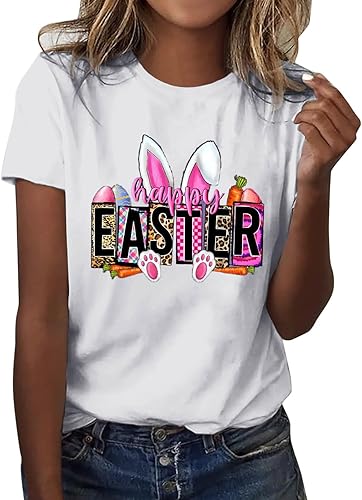 Womens Easter Shirt, Women Happy Easter Shirts Bunny Rabbit Graphic T-Shirt Funny Letter Printed Short Sleeve Tops