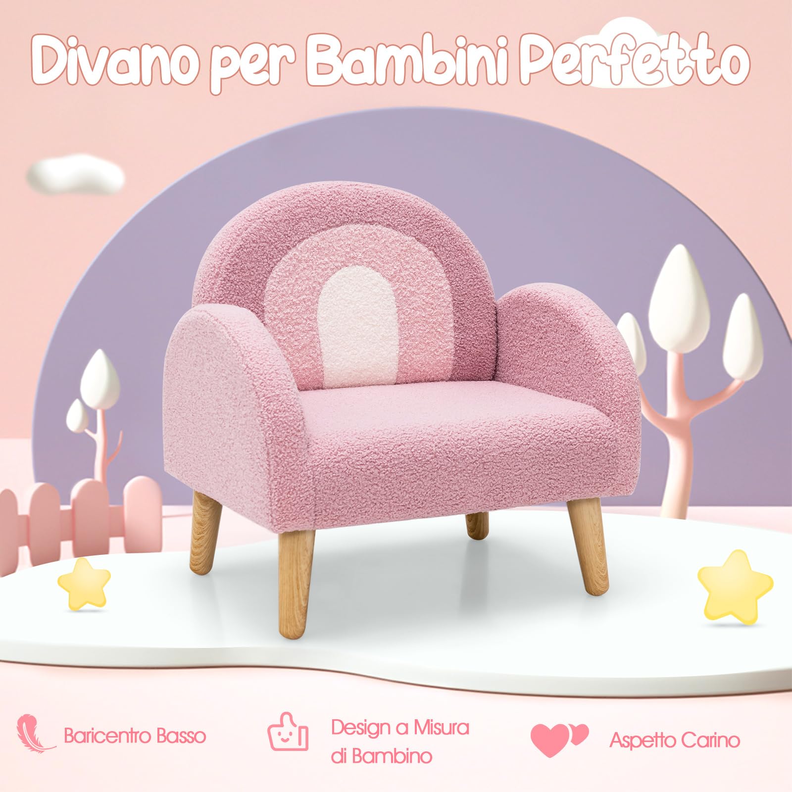 RELAX4LIFE Poltrona per Bambini, Divano per Bambini in Tessuto di Velluto con Imbottitura in Schiuma, Sedia per Bambini in Legno per Sala Giochi, Camera da Letto, Soggiorno (ROSA)