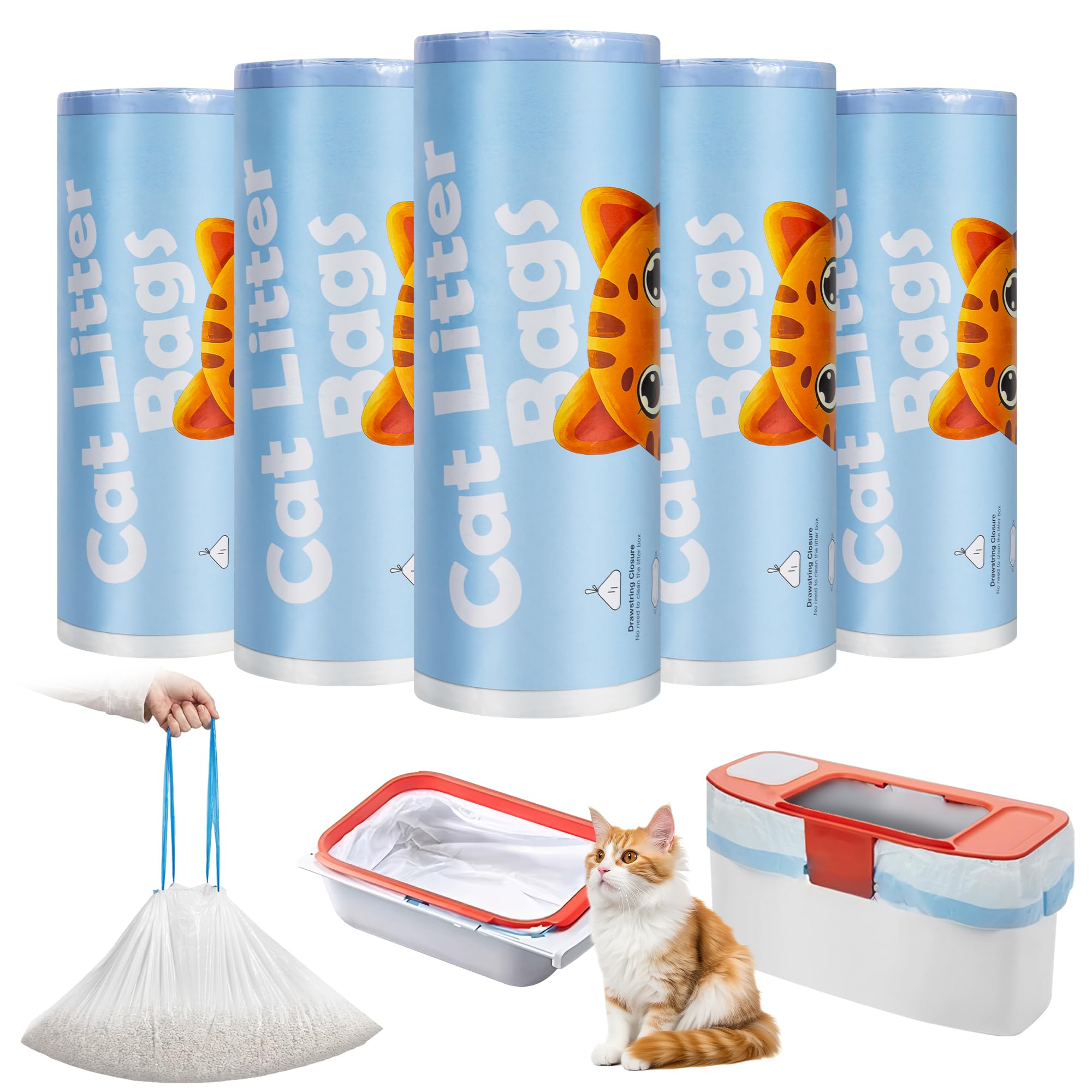 Yokuni Sacchetti Lettiera Gatto 100 pezzi con Maniglia 580 x 350 mm | Sacchetti Lettiera Autopulente Compatibili con PURA Max, Max 2 e PURA X, con Cordoncino - Extra Resistenti, Antigraffio