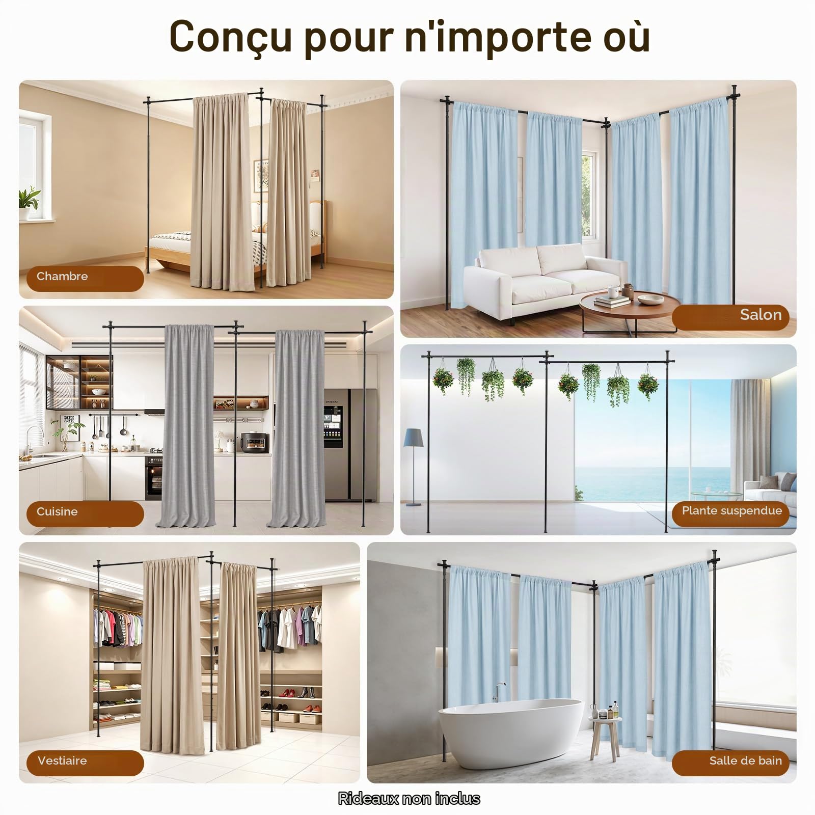 Barre de Séparation Pièce sans Perçage – Tringle Rideau Télescopique Réglable en Hauteur 1,5 m à 3,5 m, Support Mural Autoportant pour Cloison Amovible, idéal Locataires