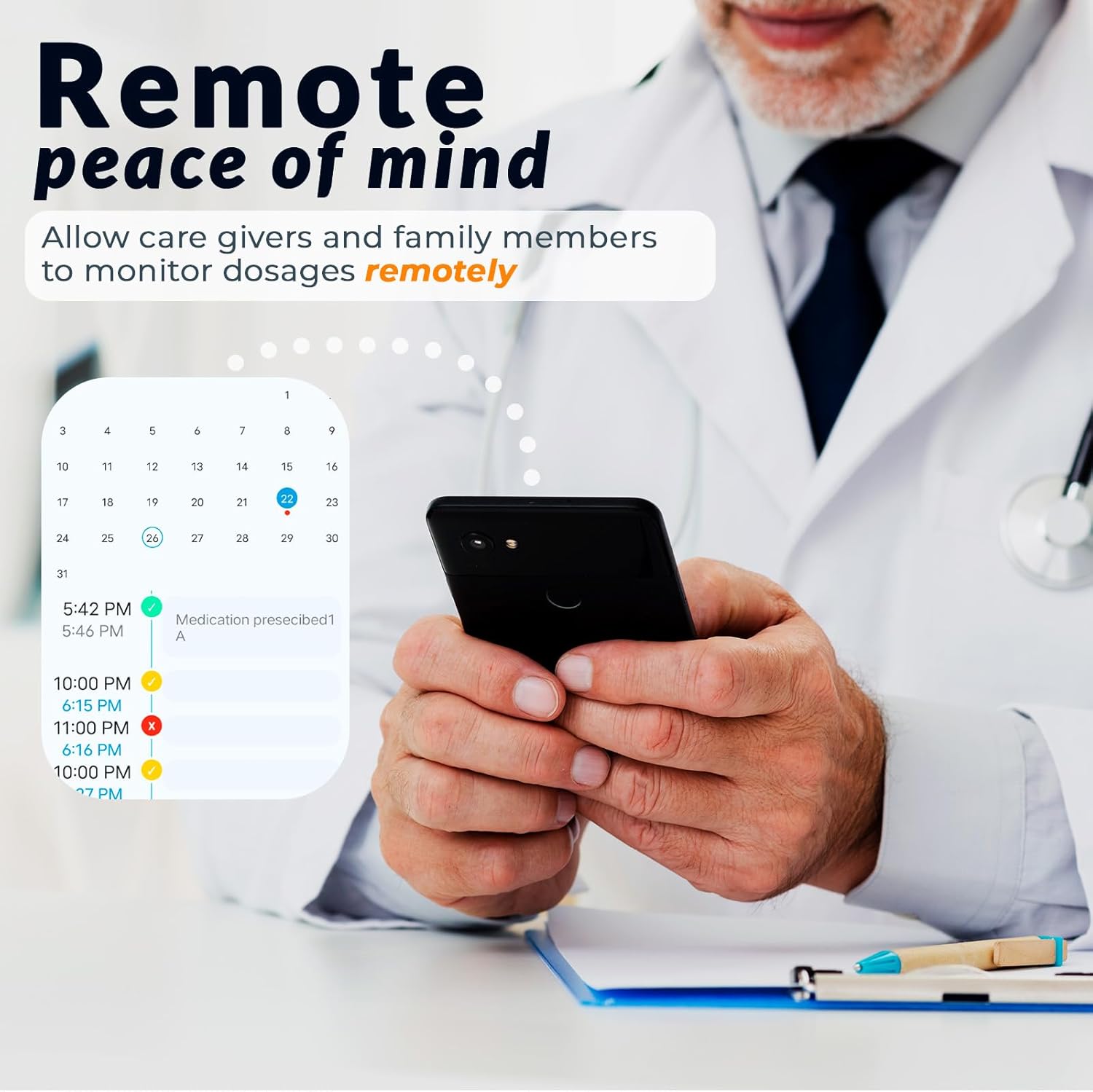 A caregiver monitoring medication dosages remotely using a smartphone app.
