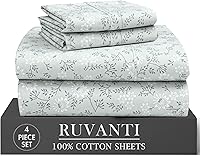 Vista 22 de RUVANTI 4 piezas de sábanas de algodón - 100% algodón natural suave, ligero y transpirable, sábanas de percal crujiente, juego de sábanas Botanica