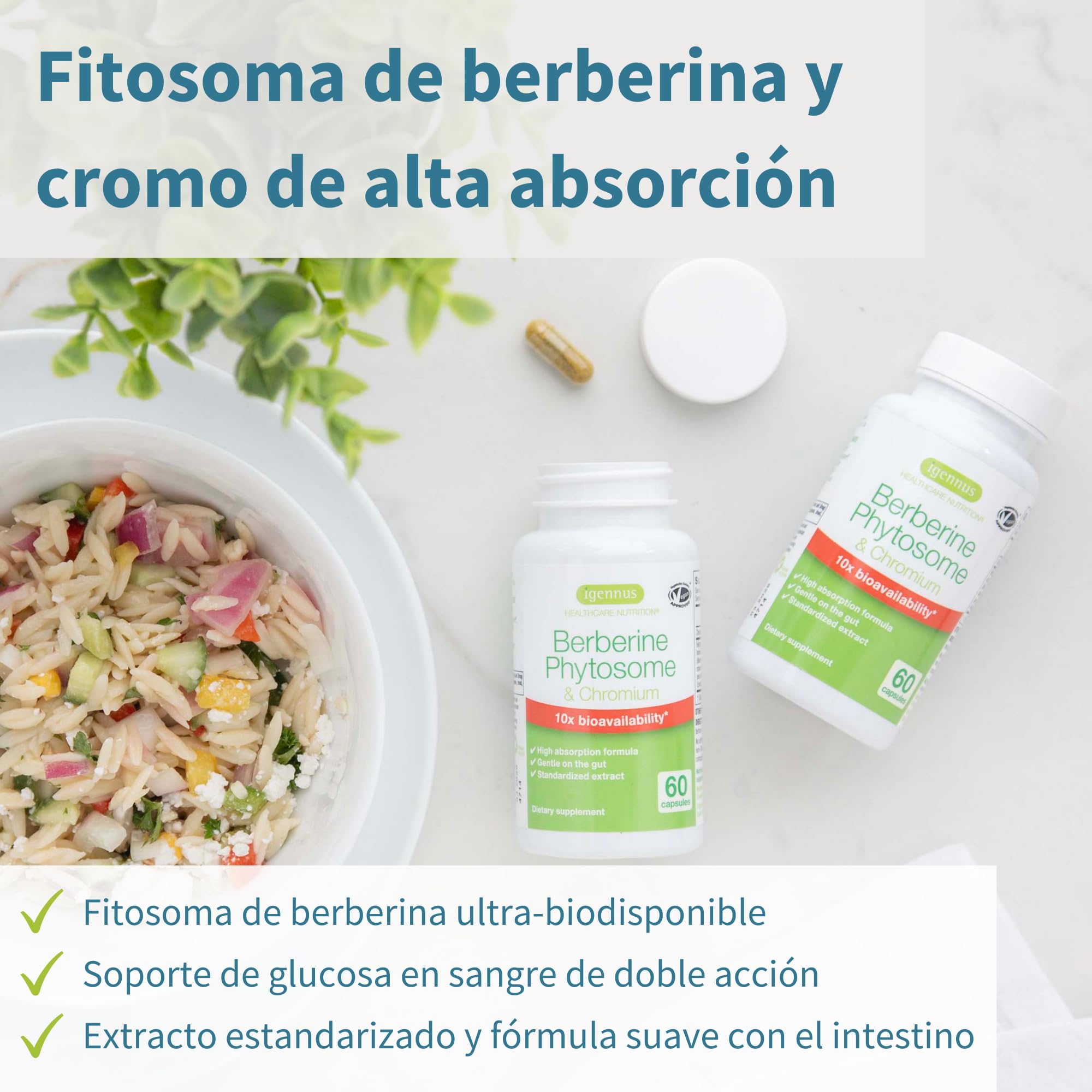Igennus Berberina 550 mg Fitosomada, Acción Dual con Picolinato de Cromo, Alta Absorción, Control de la Glucosa, Extracto Estandarizado, Ingredientes Puros, 60 Cápsulas Veganas