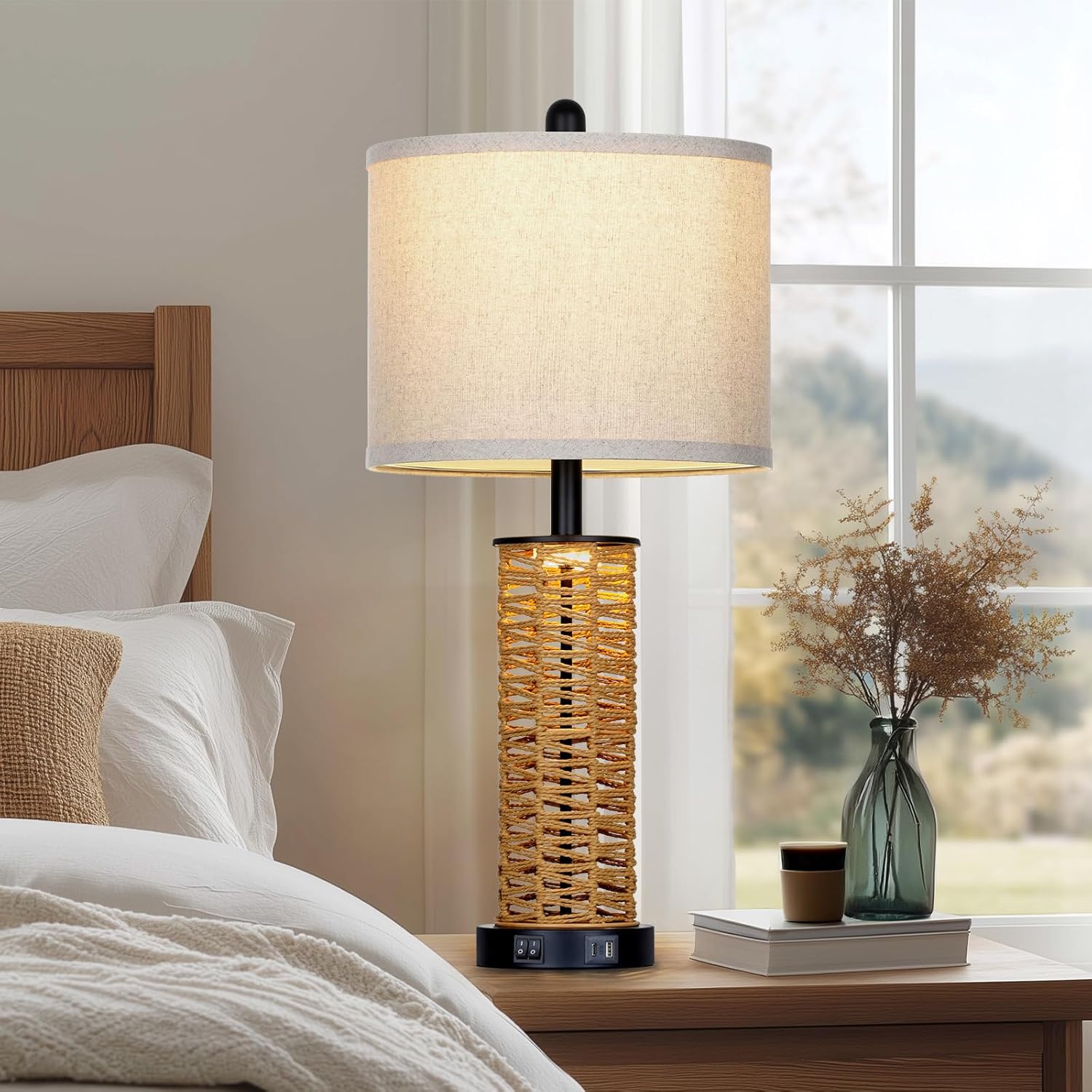 CINSARY 27" Boho Rattan Table Lamps Set of 2, Coastal Bedside Lamp with Night Light, Woven Wicker Bedroom Nightstand Lamps with USB A+C Charging Port, Tall Farmhouse Lamp for Living Room End Table
