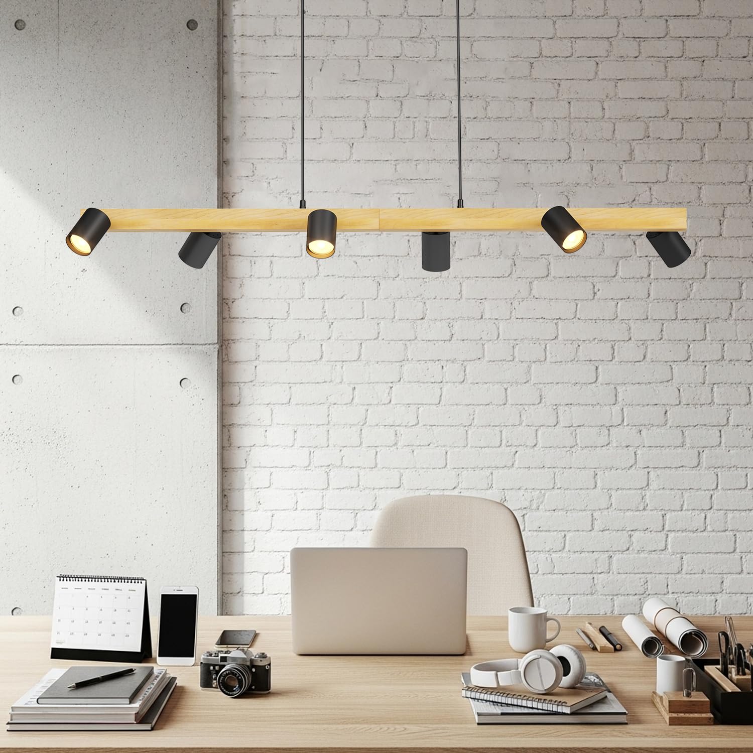 LVWIT Pendelleuchte Esstisch 6 Flammig Hängend Schwarz, Industrial Decken Hängeleuchte Holz GU10, Esszimmerlampe Schwarz, Metall Hängend Küchenlampe, Wohnzimmerlampe Decke, Lampe Flur