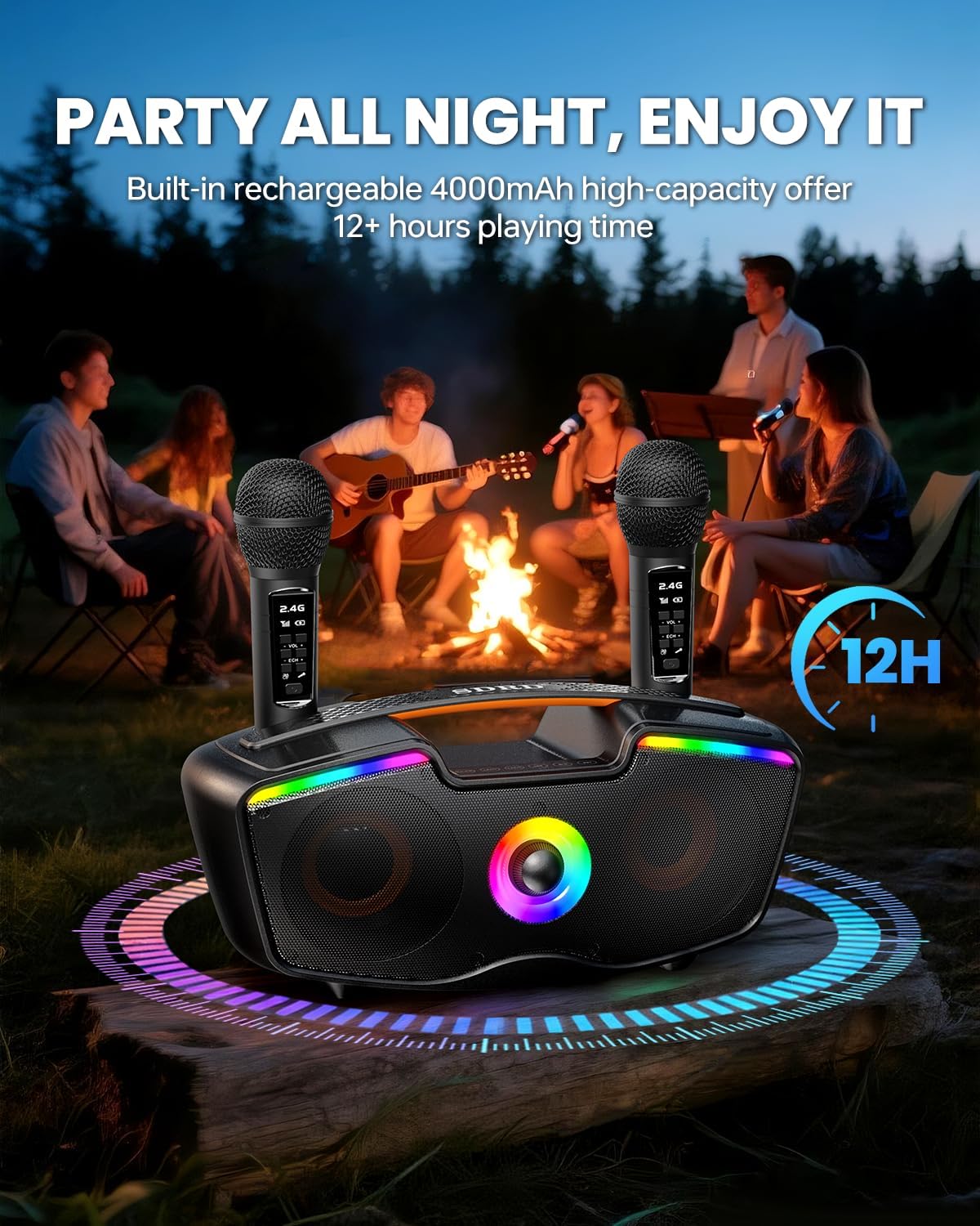 Bluetooth Karaoke Machine for Adults & Kids, 80W Portable Speaker with 2 Wireless Microphones, Echo Adjustment, Support USB/AUX/TF Card, for Outdoor/Indoor Gathering Gifts - Image 6