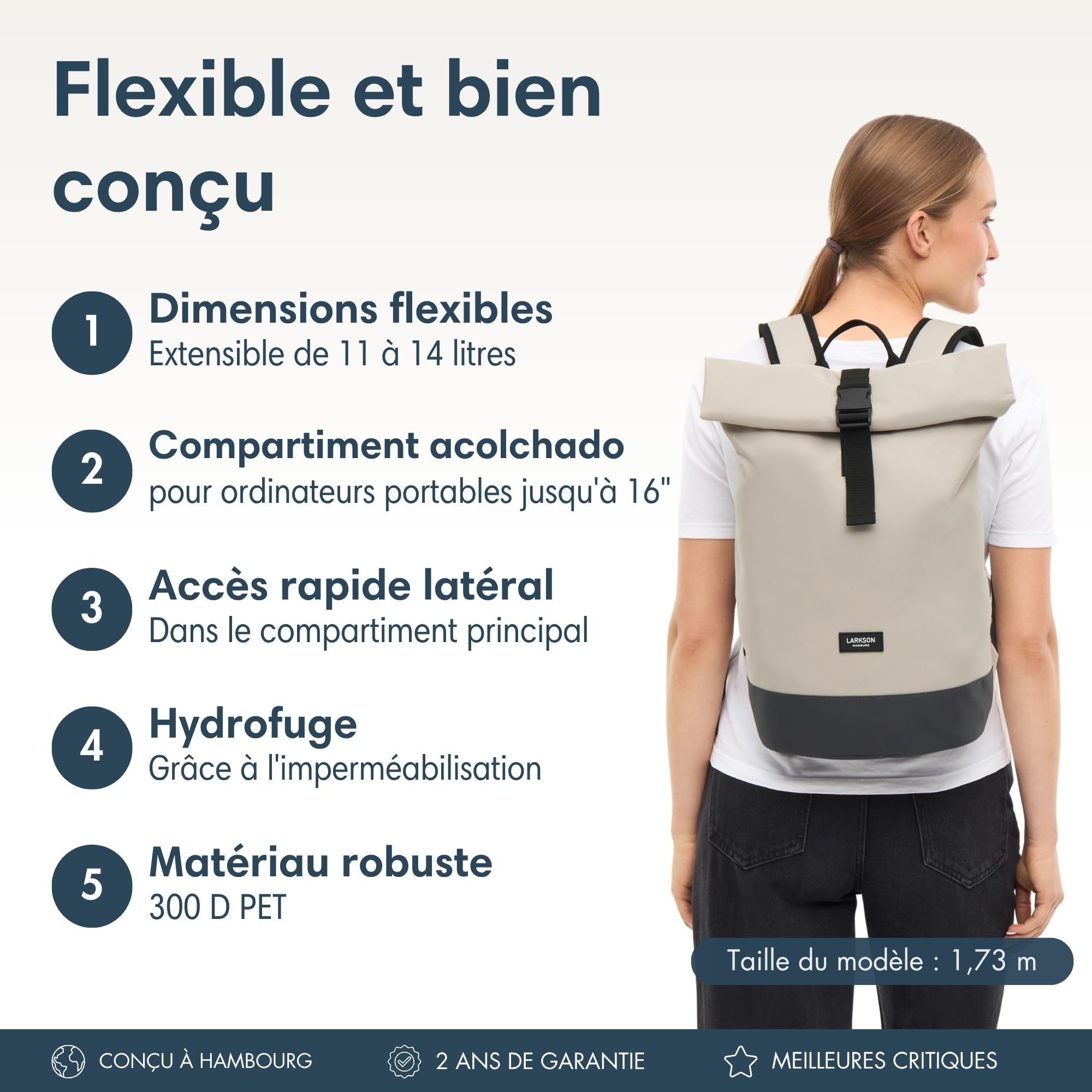 LARKSON Sac à Dos Femmes & Hommes Beige Gris - Janne Small - Petit Sac à Dos Rolltop avec Compartiment pour Ordinateur Portable - Pour Université Travail Voyages & Vélo - Hydrofuge