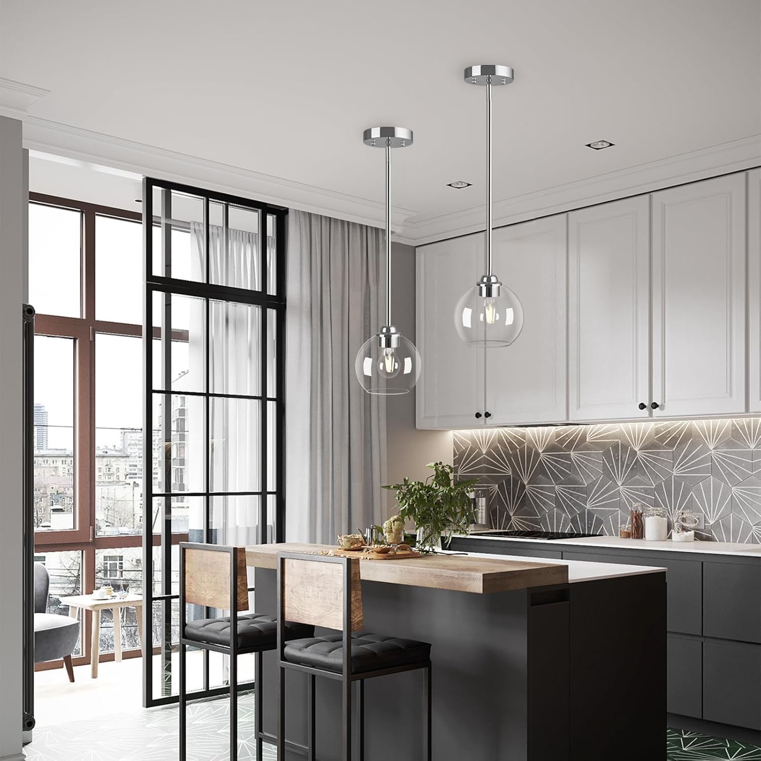 Modern Pendant Light Fixtures 2 Pack, Chrome Globe Pendant Lights with Clear Glass Shade, Pendant Lights for Kitchen Island, Hanging Lights Over Island