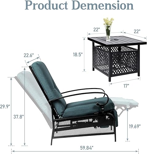 Miniatura 6 de SUNCROWN Silla reclinable para exteriores, silla reclinable ajustable para patio y mesa lateral de bistró con agujero para paraguas, color azul pavo