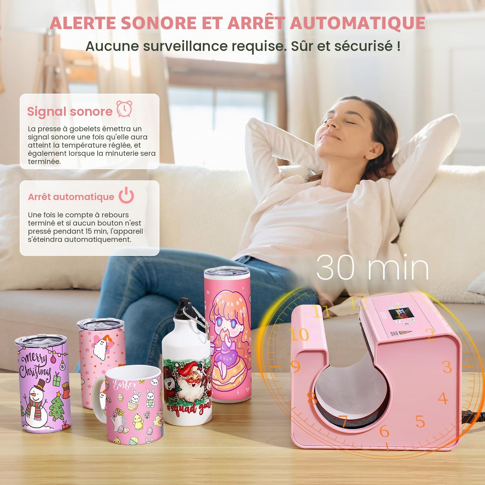 Presse à Chaud pour Tasses 30 OZ - Presse Automatique à Tasses Mugs Durable et efficace - Presse de Transfert - Articles Personnalisés Sublimation - Rose