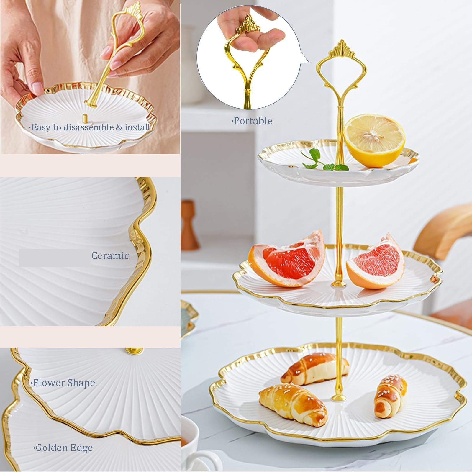 Soporte Tartas Soporte De Cerámica For Tartas 3 Niveles con Forma Flor Y Bandeja Escalonada For Cupcakes Presentador Postre(Blue)