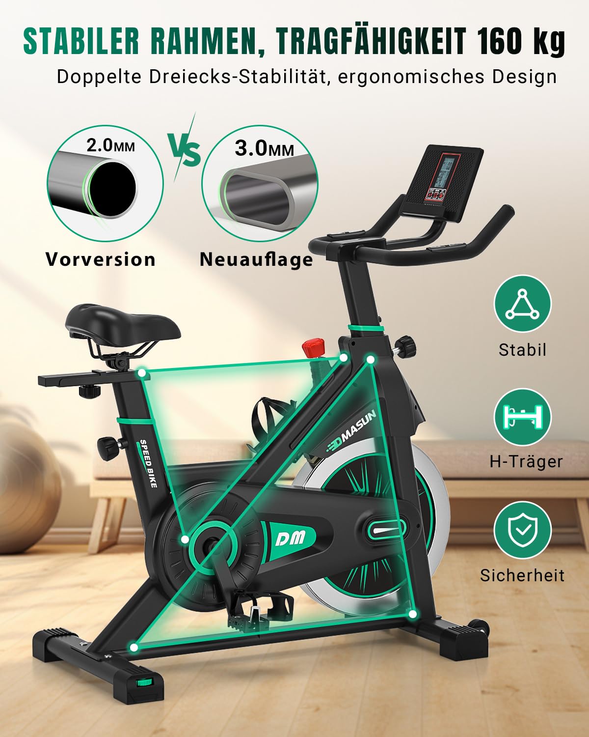Heimtrainer Fahrrad, DMASUN Hometrainer Fahrrad mit 100% Widerstand, Leise & Stabil, Ergometer mit App Kompatibel & LCD-Monitor, Verbessertes Indoor Fitnessbike für zuhause, 160/180Kg Belastbar