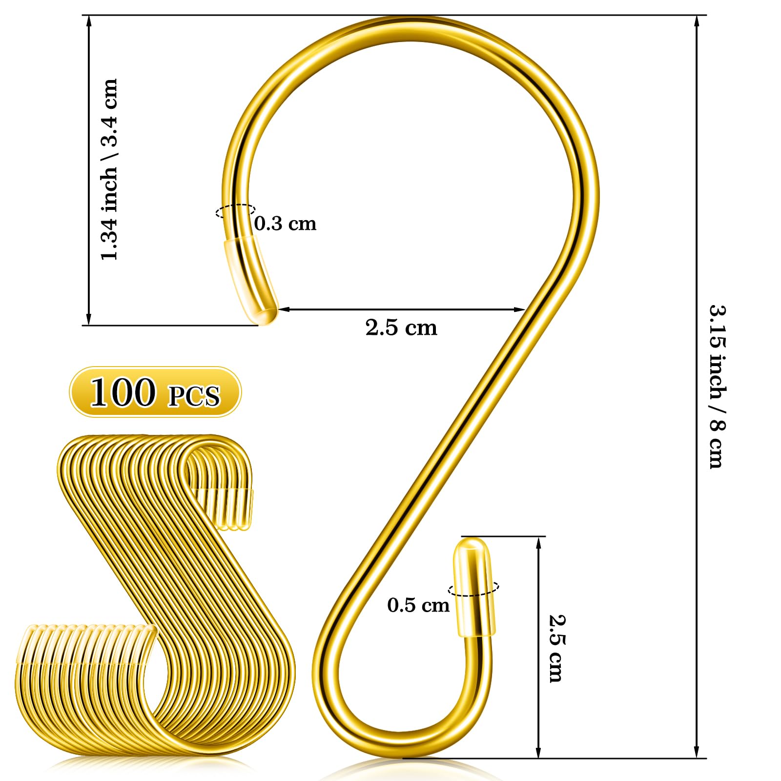 Hotop Ganchos de acero inoxidable en forma de S de 3.15 pulgadas, ganchos de metal para colgar cortinas, sartenes, tazas, plantas, bolsos, jeans, toallas (dorado, 100 piezas)