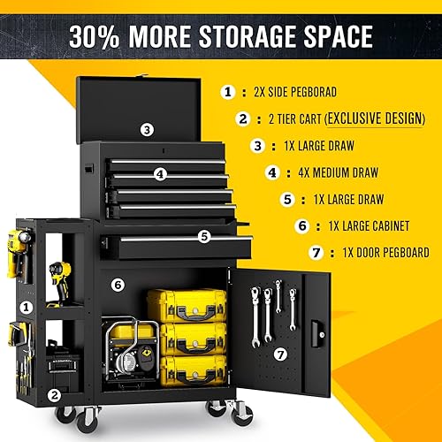 Miniatura 3 de Caja de herramientas con ruedas con 5 cajones, exclusiva caja de herramientas 3 en 1 combinada con carrito de utilidad extraíble de 2 neumáticos,
