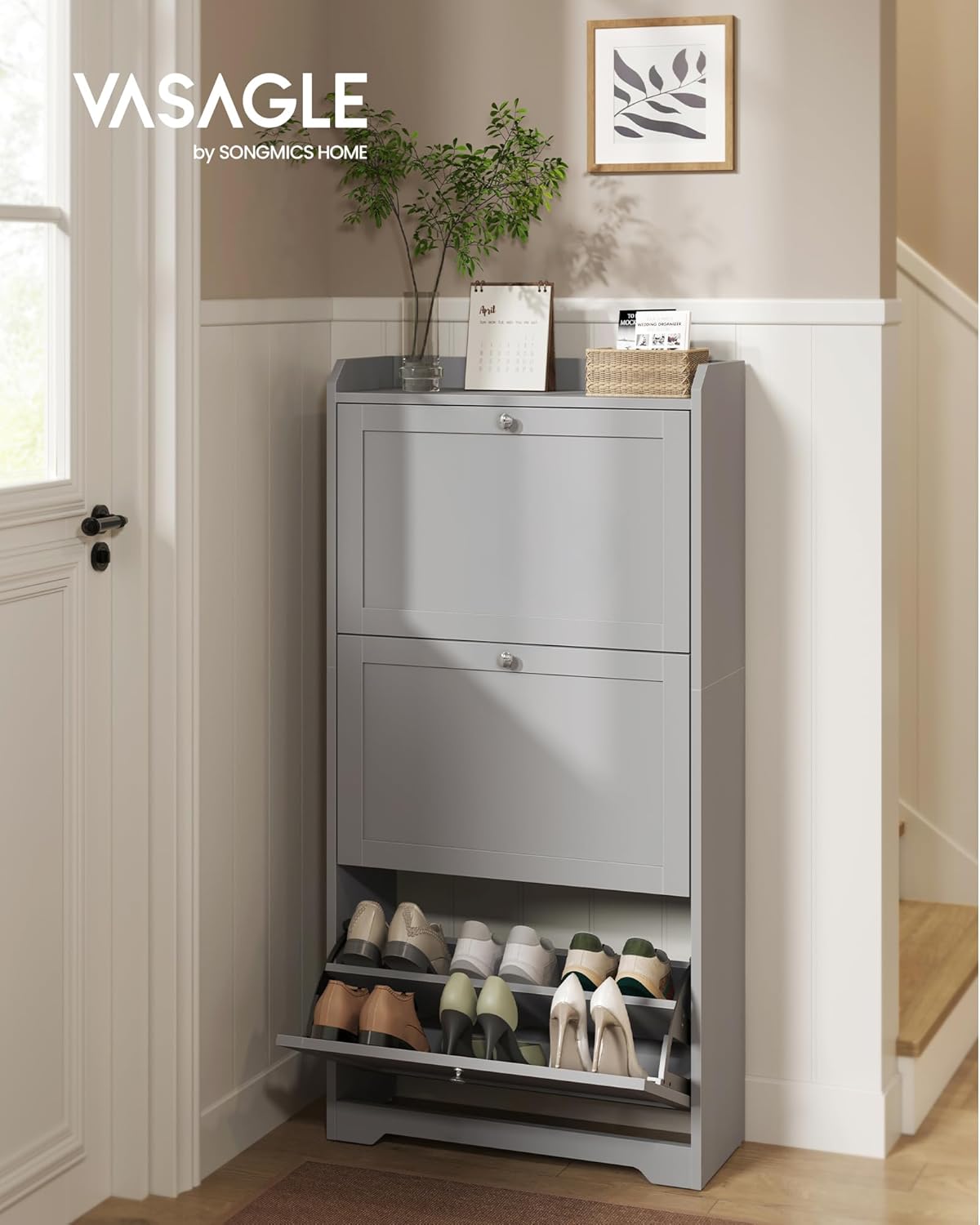 VASAGLE Shoe Cabinet with 3 Flip Drawers, Shoe Organizer, Adjustable and Removable Dividers, Holds 12-20 Pairs, Entryway, 9.4 x 23.6 x 47.7 Inches, Dove Gray ULBC036GD02S