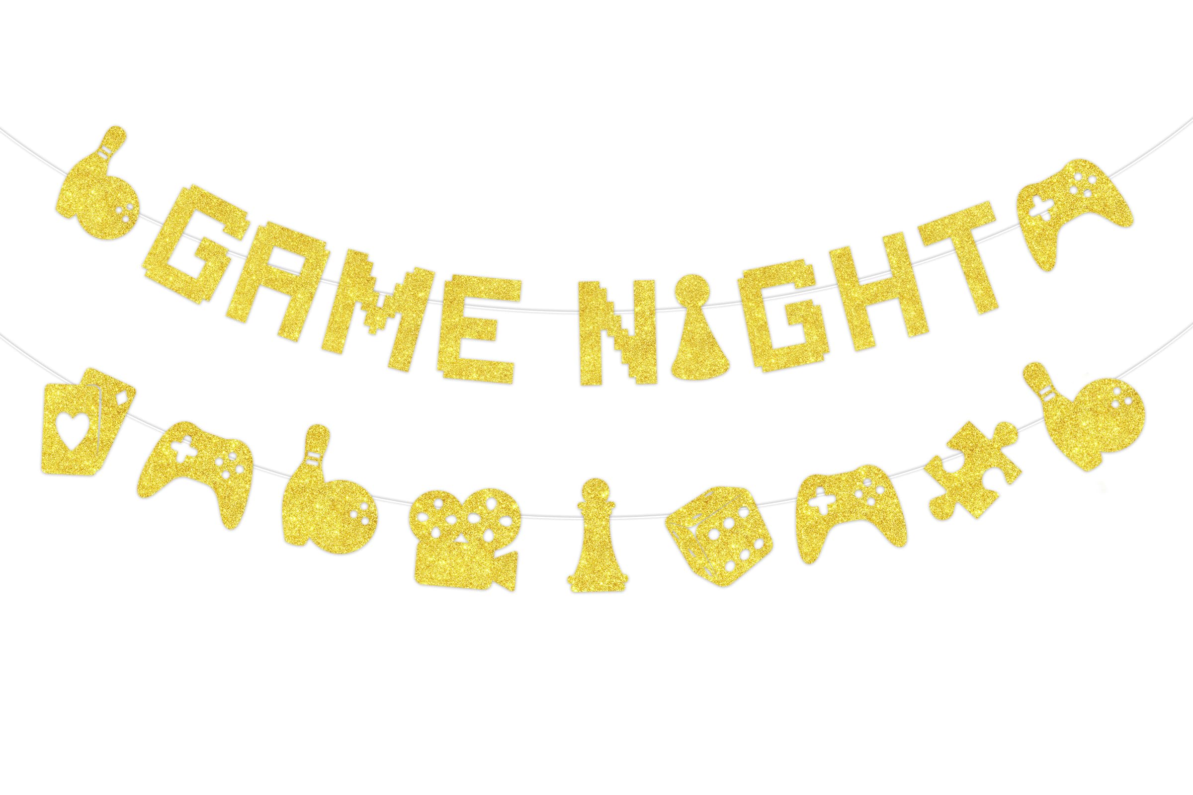 SHADOAMP Game Night Party Decorations, Gold Glitter Gaming Theme Decorations Happy Birthday Banner Game Garland DIY Required Banner Set for Puzzle Chess Card Theme Party Supplies