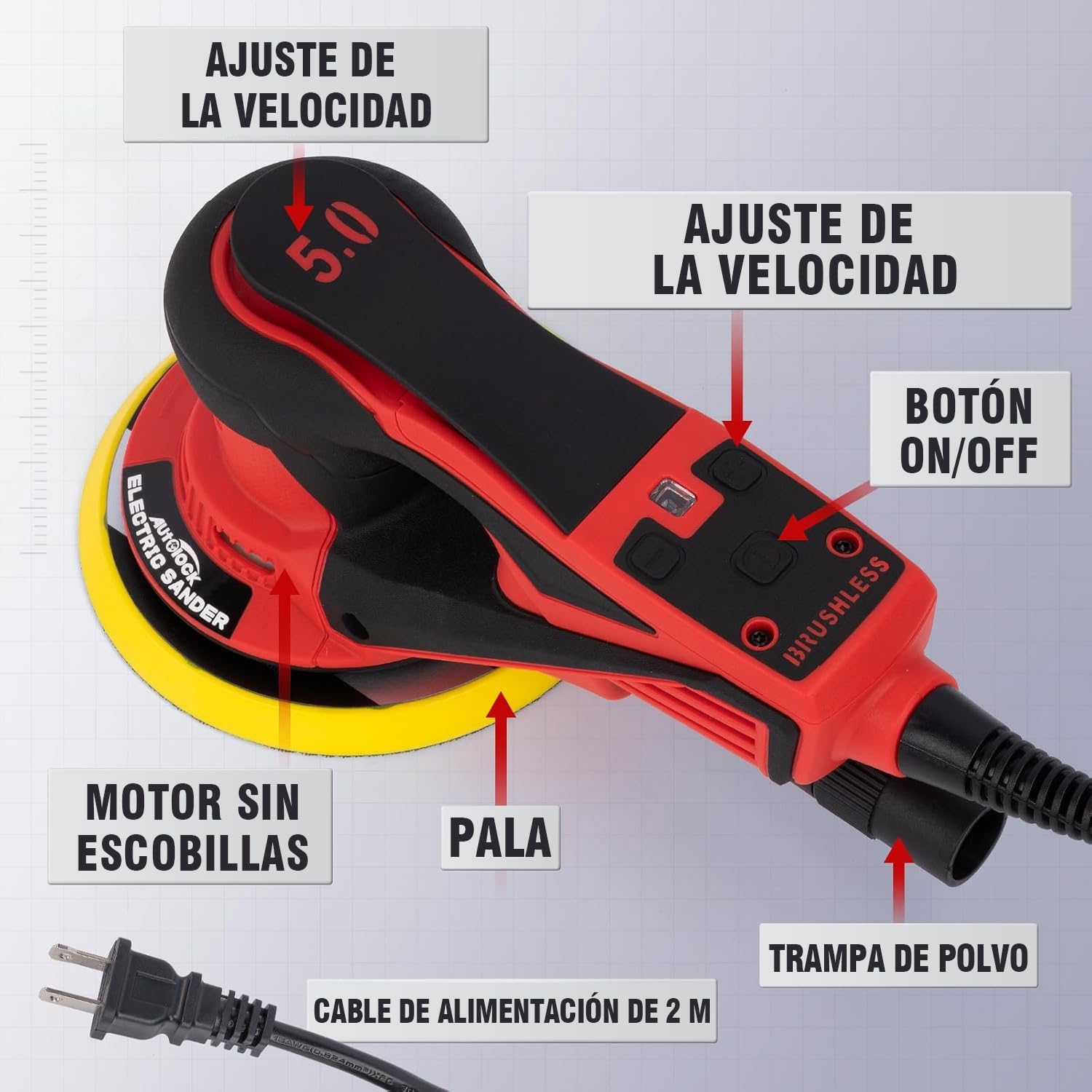 Autolock Lijadora Excentrica disco de 125/150 mm,350W Lijadora Orbital Electrica,7 Velocidades hasta 10,000 RPM,Para trabajar y pulir la madera (1pcs)