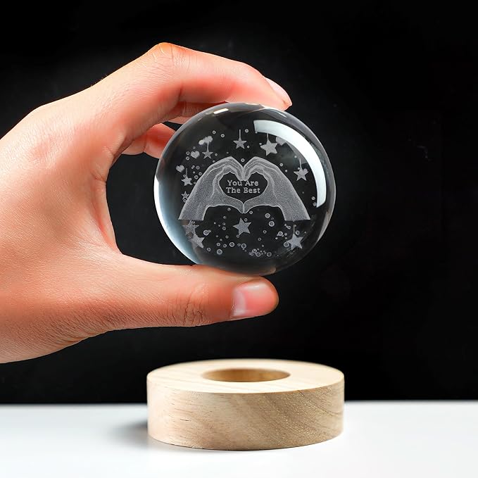 LOULIQIGIFT 3D Carved Heart Hand Crystal Ball 2.3in Crystal Ball with LED Base Decor for Christmas, Anniversary, Wedding, Birthday, Romantic Gifts for Her