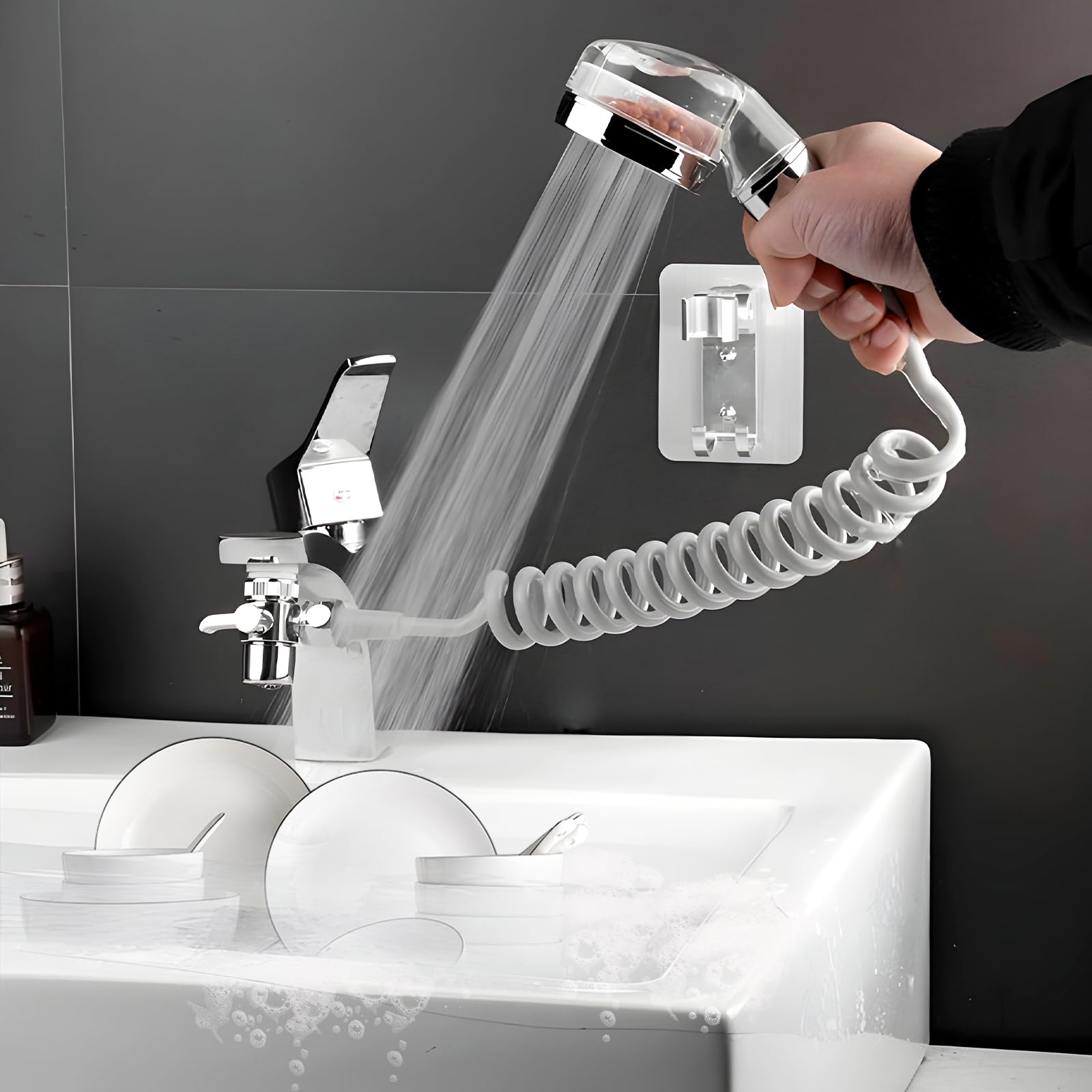 Doccetta per Lavandino, Doccia per Rubinetti, Doccetta con Tubo, con Tubo Estensibile 1,5M, Perfetto per Il Lavaggio Dei Capelli,Animali,Del Bagno, Cucina