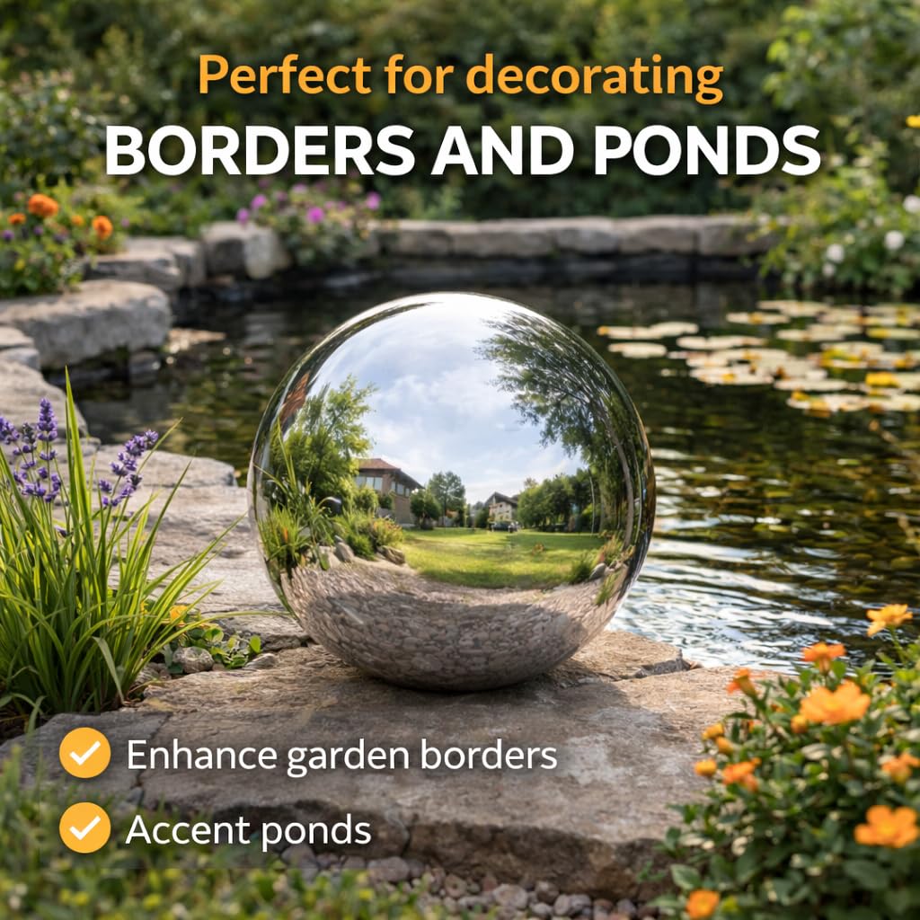 Garden Mile Boule d'observation en acier inoxydable - Boule creuse réfléchissante - 25 cm - Argenté poli - Boule flottante pour décoration de jardin - 25 cm