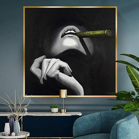 Amazon Co Jp 現代絵画現代の喫煙女性と黄金のタバコ白黒ポスターとプリント壁の写真リビングルームの装飾80x80cmフレームなし Generic