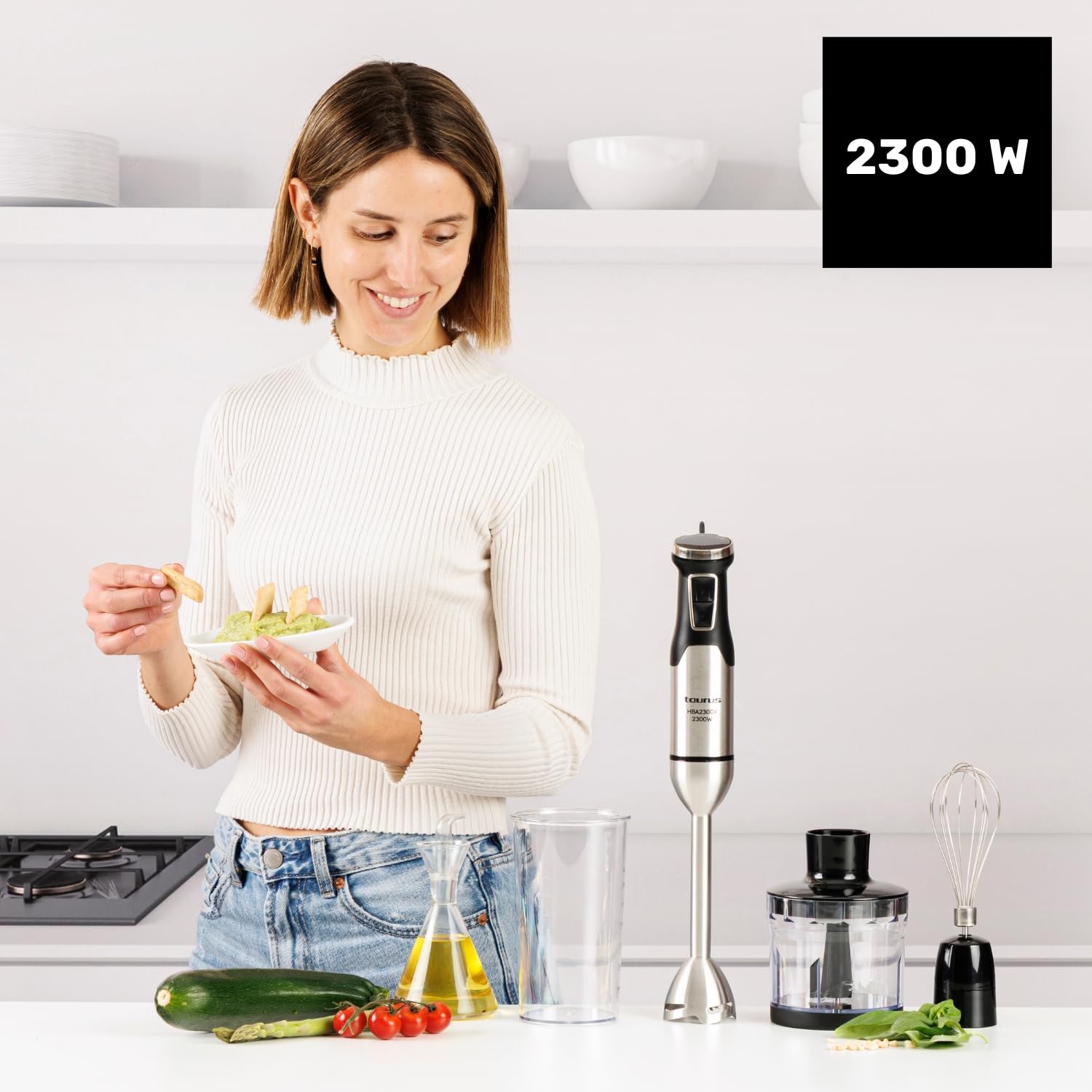 Taurus – Blender ręczny HBA2300X | 2300 W | 4 ostrza ze stali nierdzewnej | regulator prędkości | funkcja Turbo | Konstrukcja zapobiegająca rozpryskiwaniu | Akcesoria: kubek z miarką 1 l, rozdrabniacz
