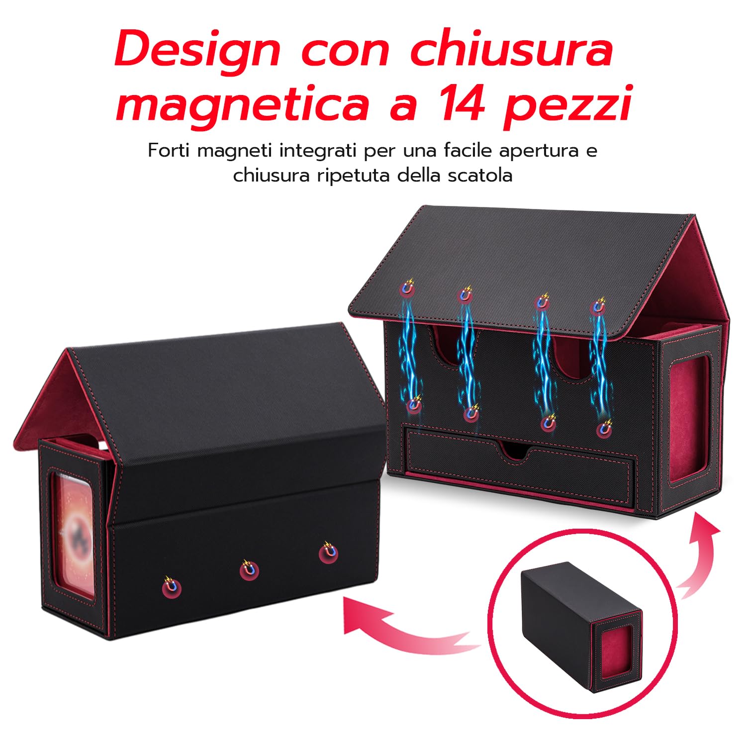 Tolesum Doppio Deck Box Porta Mazzo per MTG, Capacità di 300+ New Carte Senza Maniche con 1 Dice Tray,Magnetic Flip Deck Box per Scatola di Carte di Collezione Magic Commander TCG -Nero e Rosso