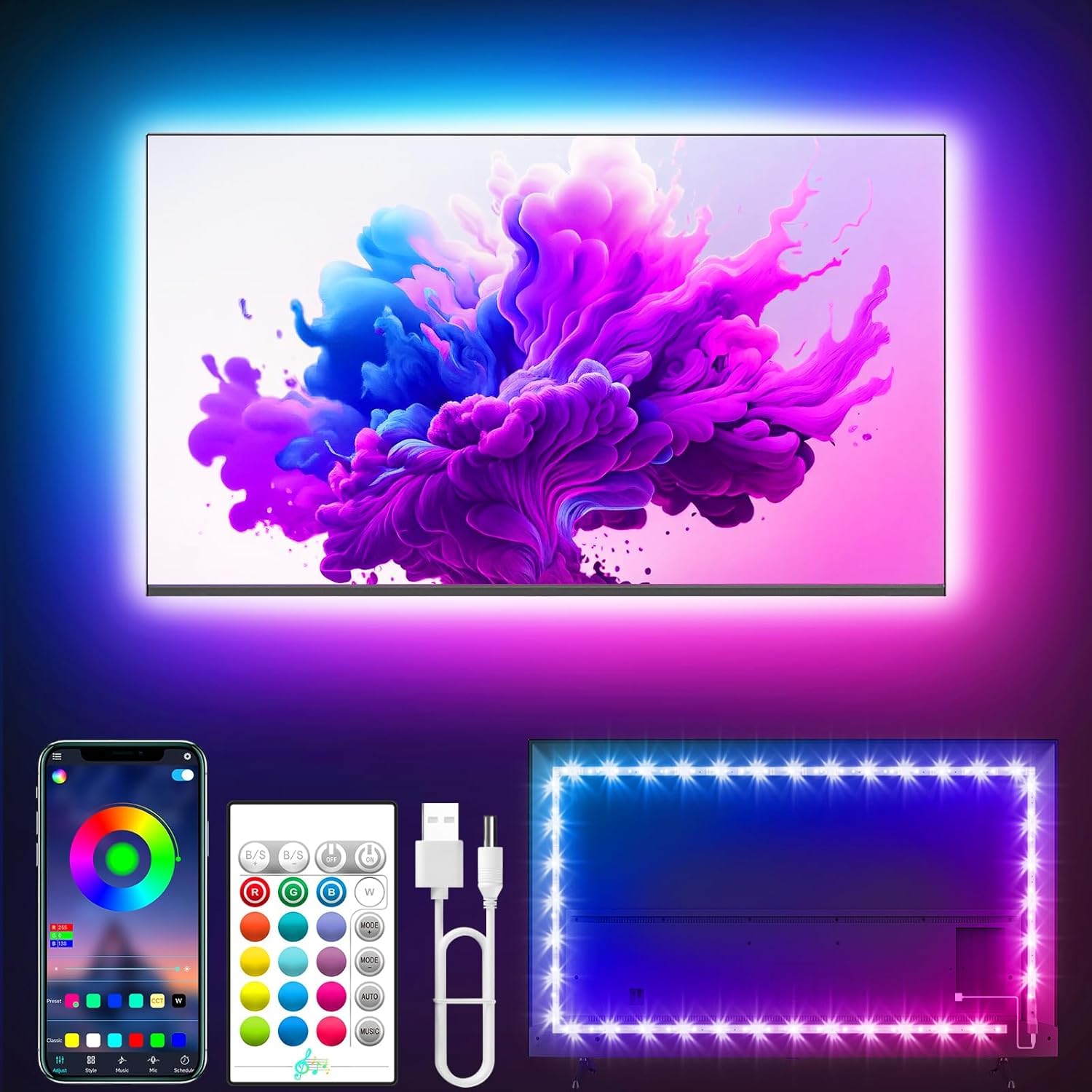 Tyute Led TV Hintergrundbeleuchtung für 35-75 Zoll, LED Streifen RGB Led TV Lichter mit Musik Sync, Bluetooth App, USB-TV-Hintergrundbeleuchtungs-Kit für Deko