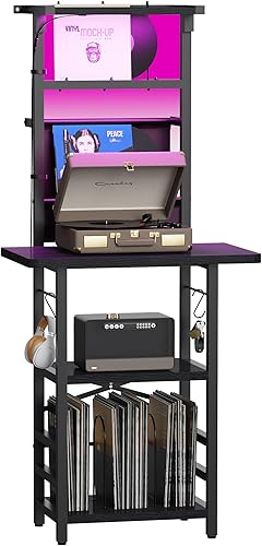 Miniatura 11 de Soporte para tocadiscos con escritorio extendido, mesa grande para tocadiscos con almacenamiento de vinilo, soporte giratorio con soporte para