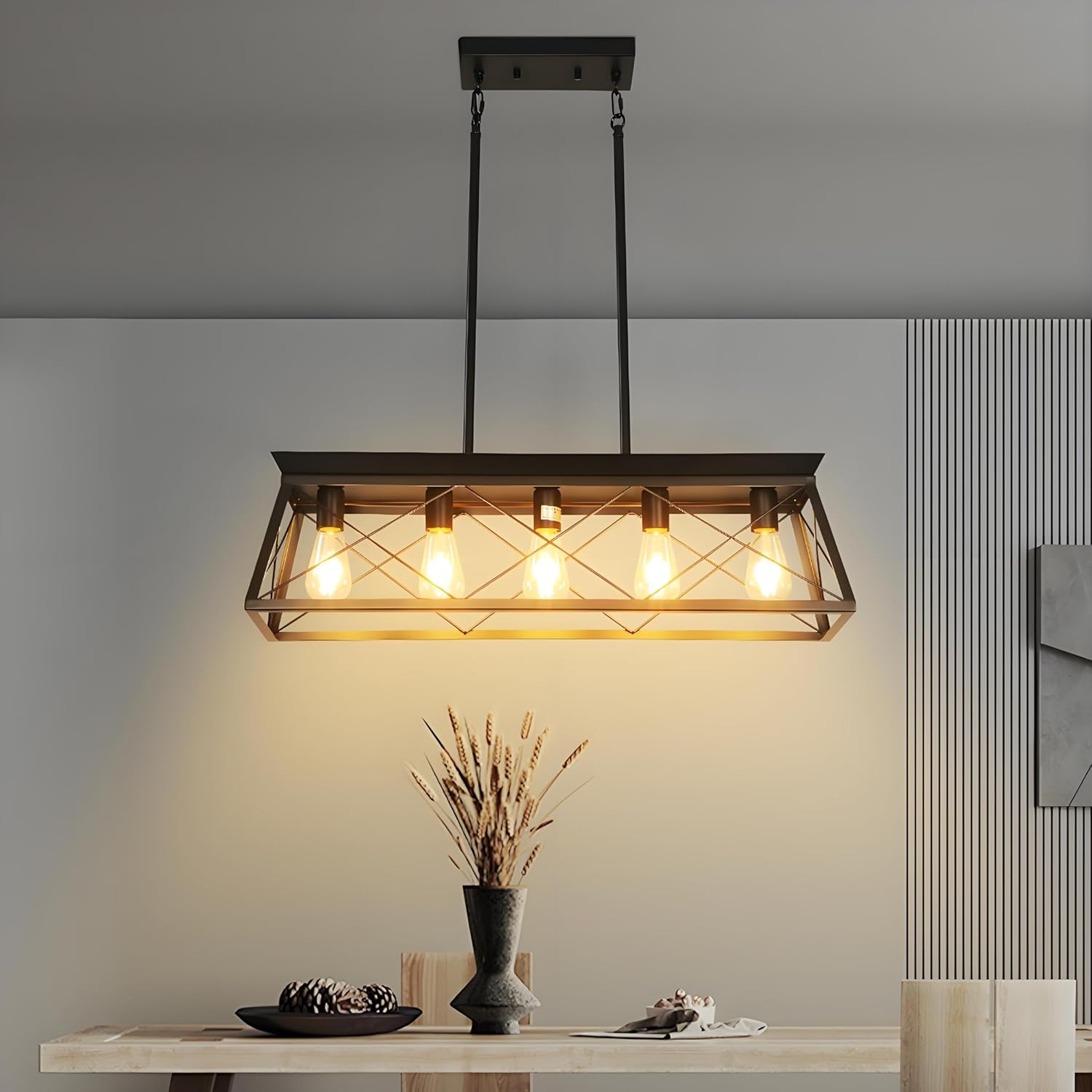 32" Farmhouse Dining Room Light Fixture,5-Light Pendant Lights Kitchen Island with Industrial Modern Metal Cage,Black Farmhouse Chandelier for Dining Room,Living Room (Gold+Black, 31.5" L*10.2" W)