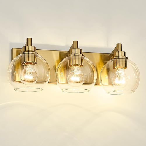 Miniatura 9 de VL195-GD-3 - Lámpara de tocador de baño de 3 luces de oro cepillado, apliques de pared modernos con pantalla de globo de vidrio transparente, luces